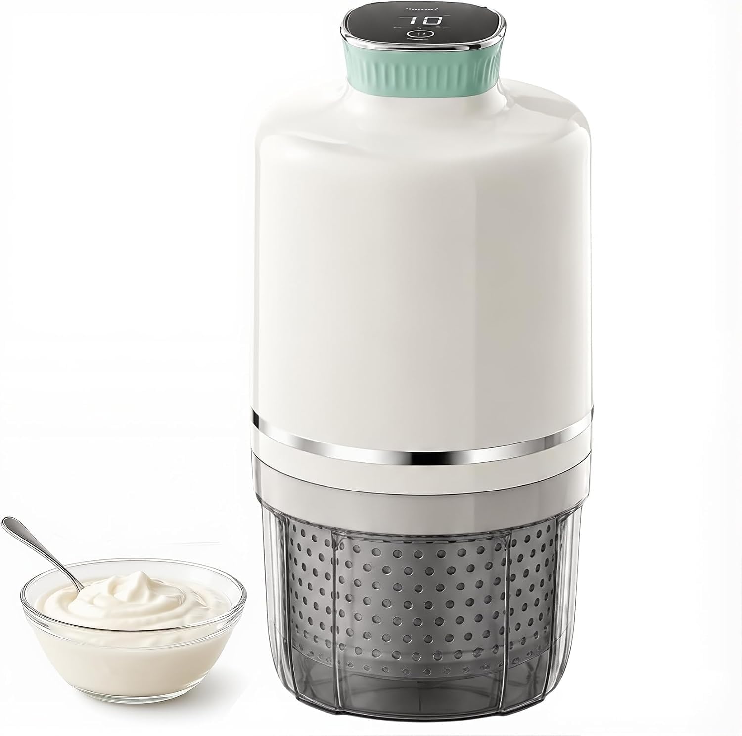 Macchina elettrica per yogurt a 3 livelli con colino da 1000 ml, batteria da 2000 mAh e filtro a rete 450 per yogurt greco e separazione del latte. Adatto per la produzione di grandi quantità