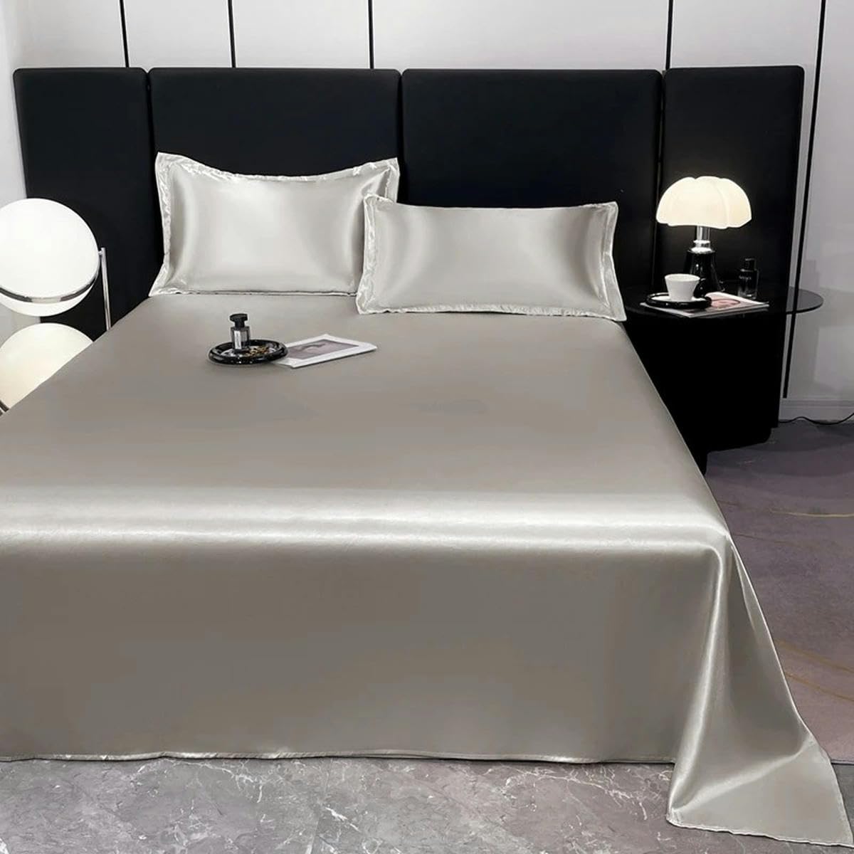 Drap de lit en satin gris doux et confortable pour literie soyeuse