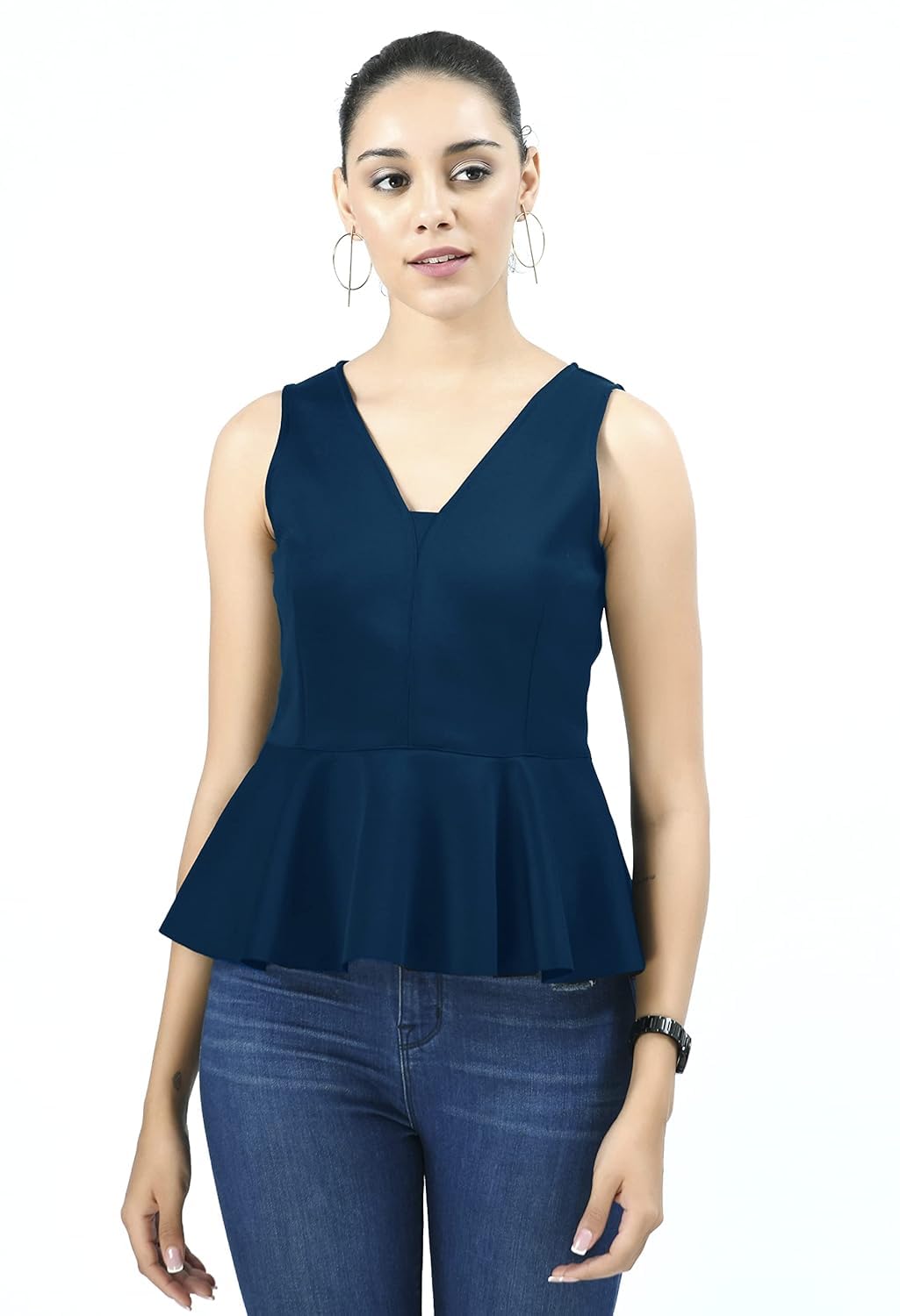 Women V-Neck Style Scuba Peplum TOP Teal Blue Black Purple in Solid Three Colors Scuba Top-image-43