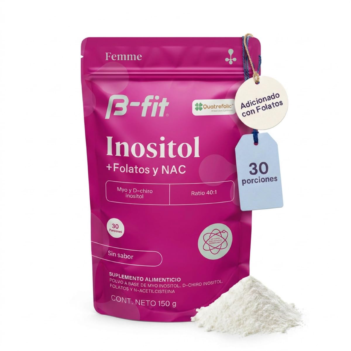 Myo Inositol y D-Chiro-Inositol 40:1 en Polvo con Folatos y NAC 150g - Ácido Fólico - Antioxidante, Vitaminas Mujer - Suplemento Alimenticio para Mujeres - Sin Sabor - B-FIT