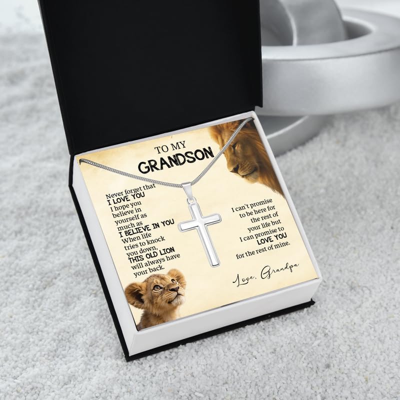 To My Grandson Necklace from Grandma, Cross Chain with Message Card and Gift Box, Meaningful Gift for Grandson on Birthday or Christmas - Image 3