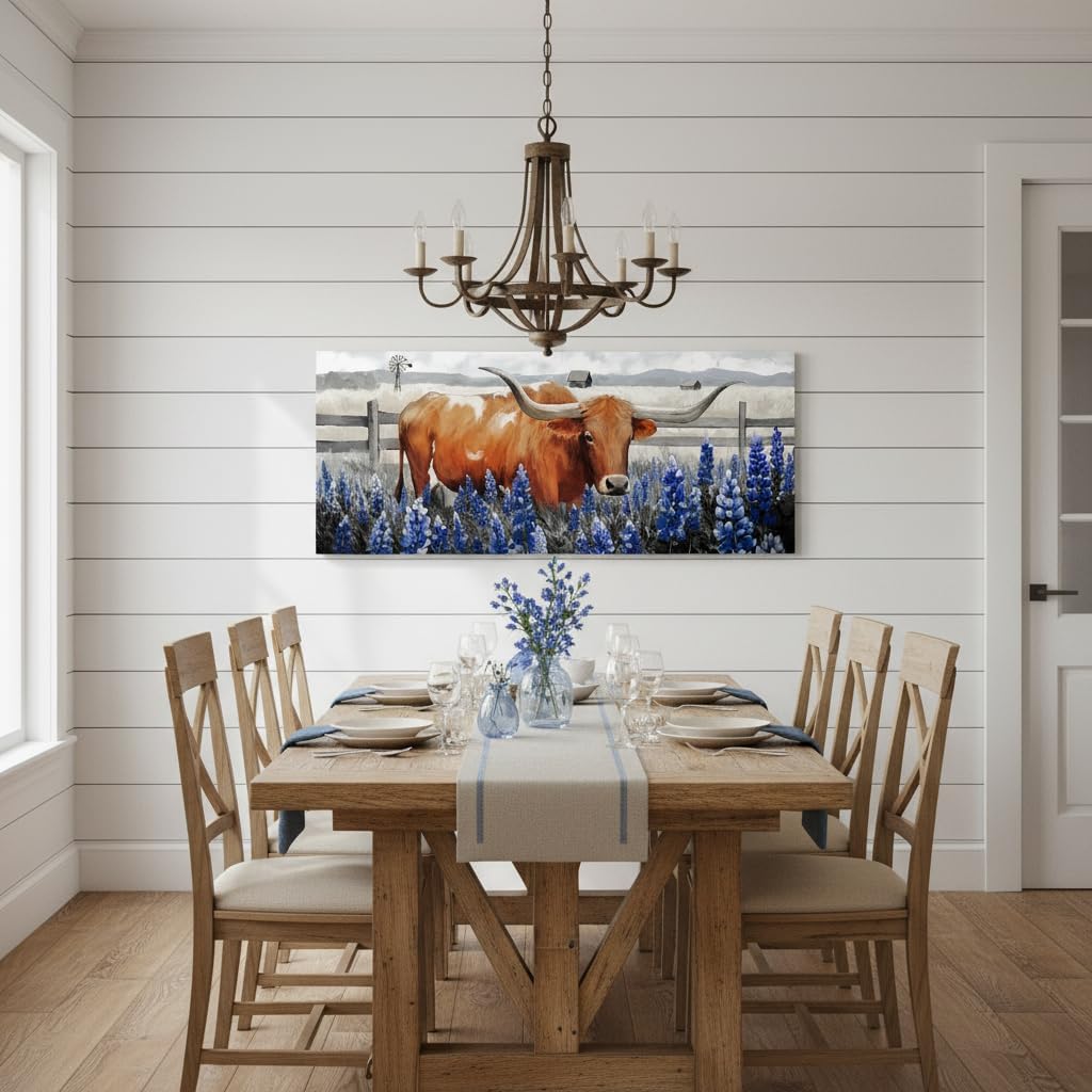 Conipit Longhorn Cattle Wall Art Bluebonnet Pictures Western Canvas Art, Framed 20x48 Inches