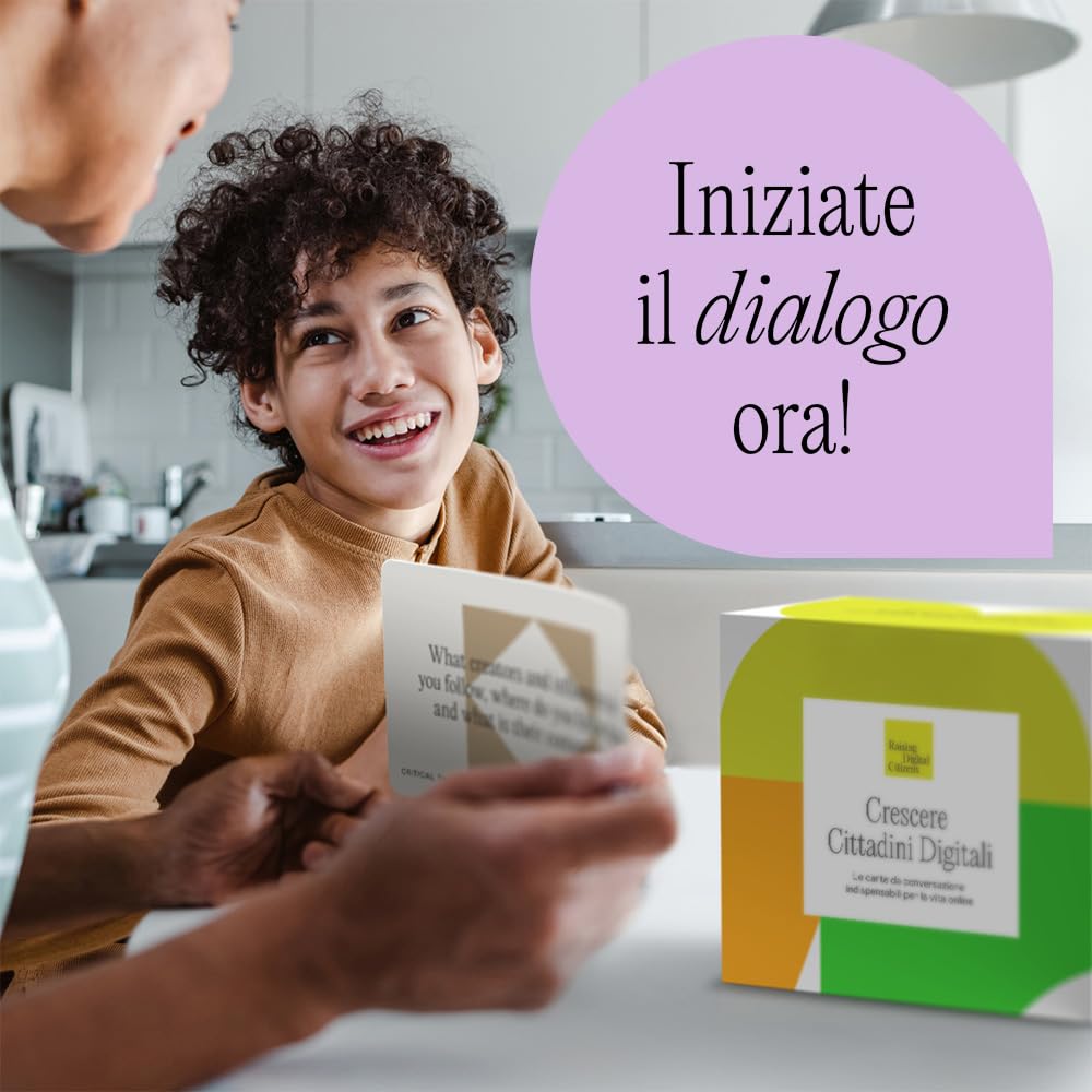 Crescere Cittadini Digitali. Con 200 carte da conversazione, il kit aiuta a promuovere un uso equilibrato degli schermi e a migliorare la comunicazione in famiglia.
