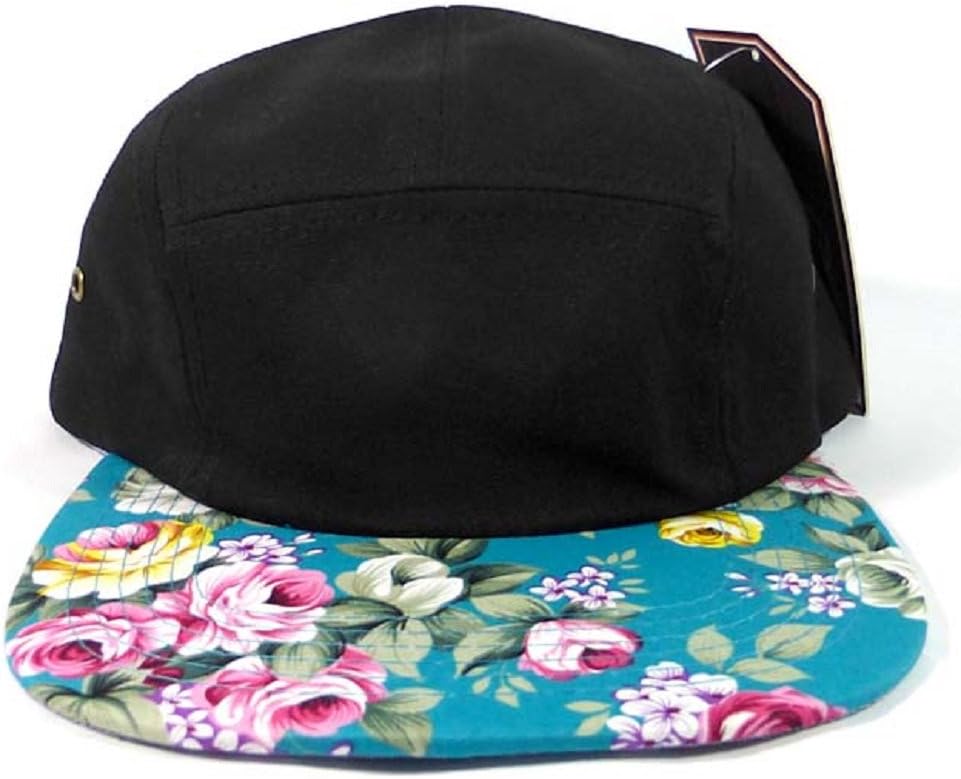 2 Tone Black & Teal Floral Print 5 Panel Cap Hawaiian Print Camper Hat