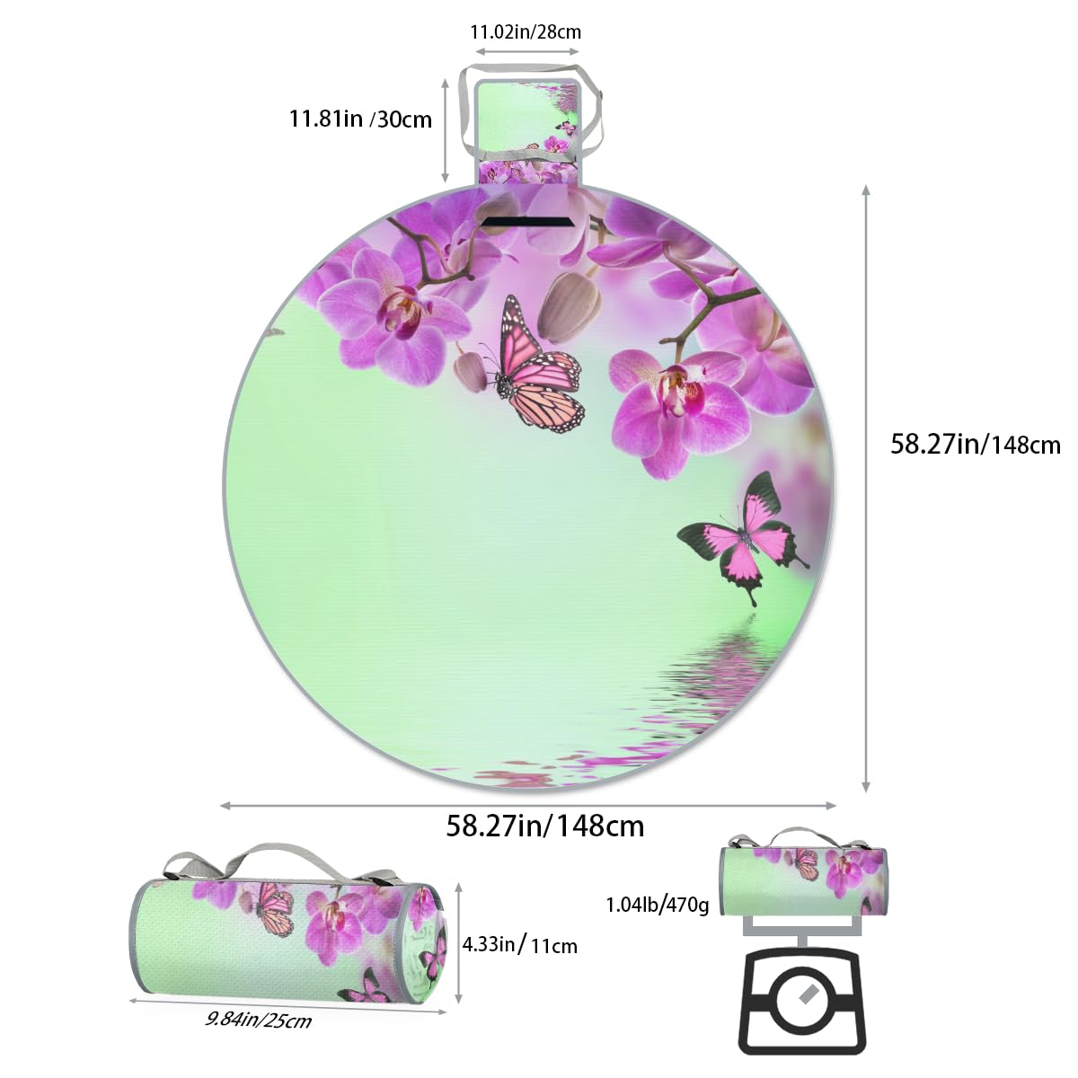 Shimoshe Orchid Butterfly Picnic Outdoor Blanket Foldable Waterproof Sandproof Beach Blanket Portable Water-Resistant Round Picnic Mat for Travel Camping Park Lawn