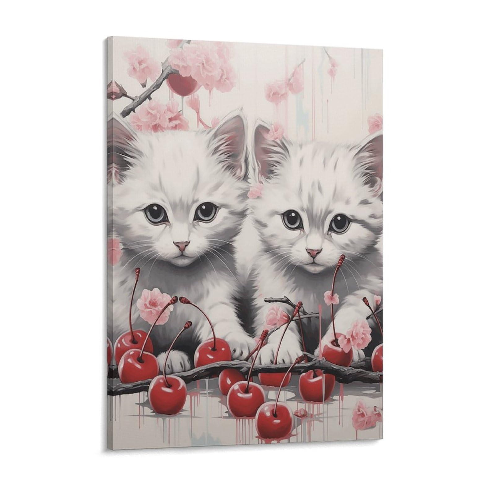 Cat And Cherry Canvas Wall Art for Bedroom 18x24inch Canvas Prints Artwork for Walls Modern Picture Artwork Painting for Living Room Aesthetic Wall Paintings for Bathroom Kitchen Office Decor