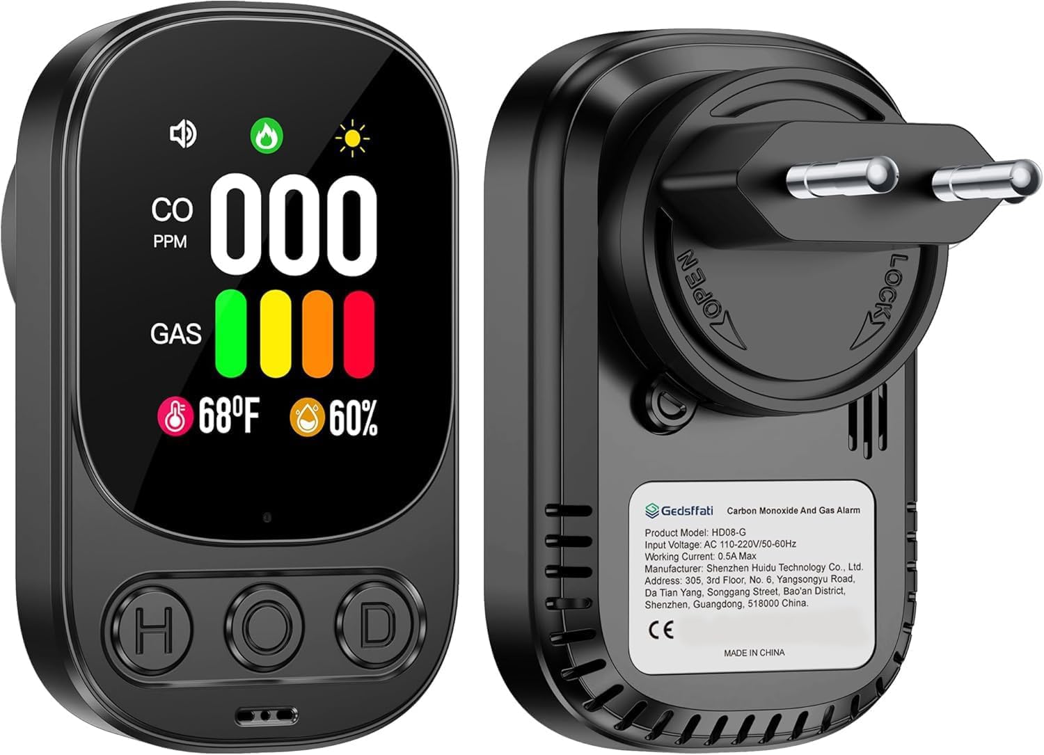 Détecteur De Gaz Et CO Avec Prise Gedsffati - Gaz Naturel, Méthane, Butane - Écran LCD - Alarme Sonore - Blanc
