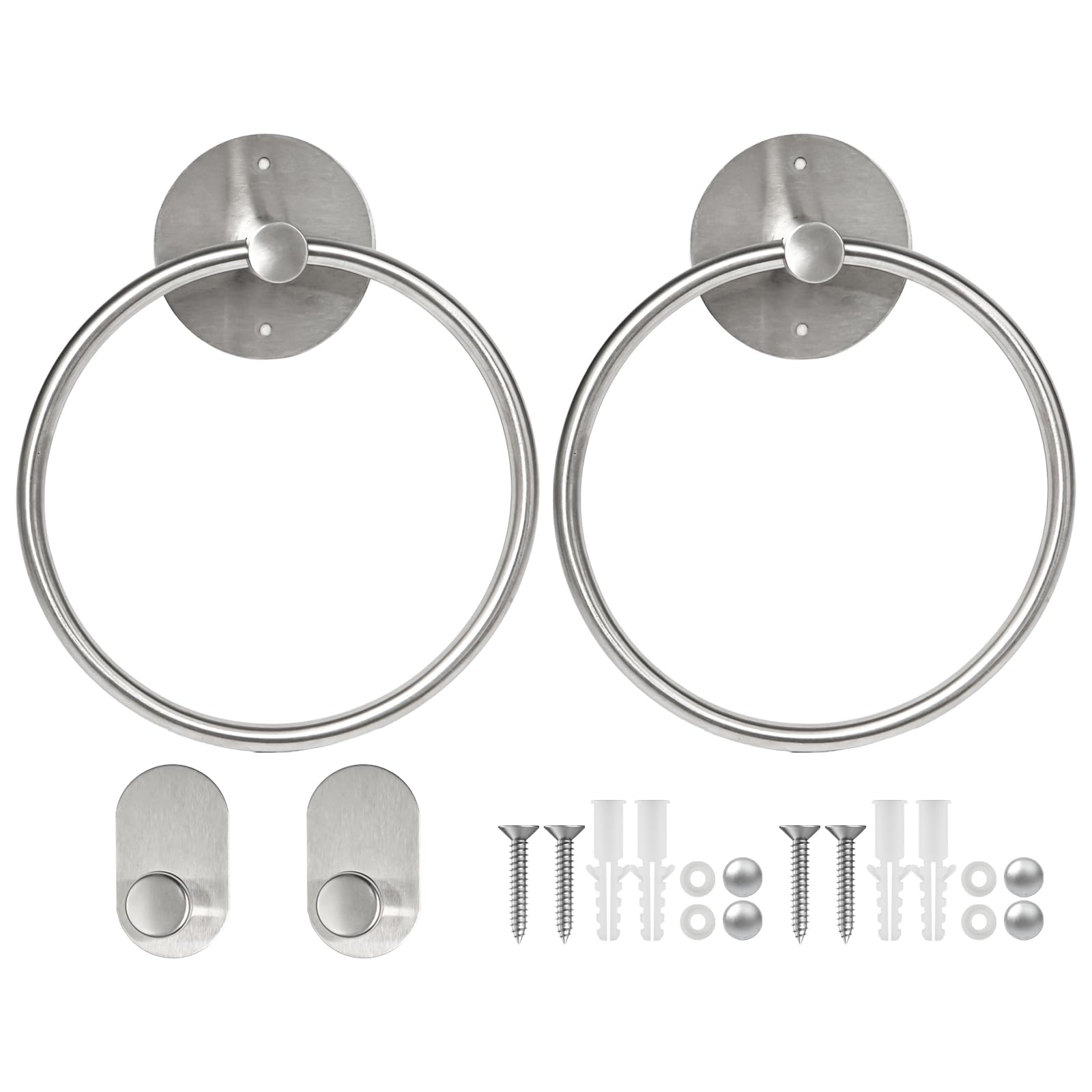 2 Anillos de Toalla Autoadhesivos mit 2 Colgador Toalla para Cuarto de Baño Cocina, Sin Taladrar Anillos de Toalla de Acero Inoxidable, Resistente al óxido y la Humedad, Plateado