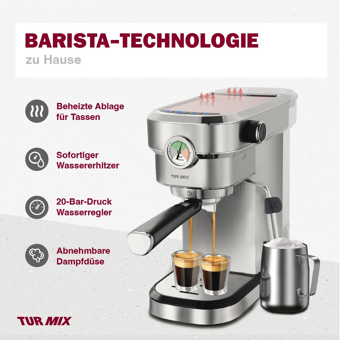 Turmix Espressomaschine TX 590 - Siebträgermaschine Edelsthal, 20 Bar-Kaffeemaschine mit milchschäumer, 17 cm breit, 1350W 1,1L Wassertank, Beheizte Tassenabstellfläche