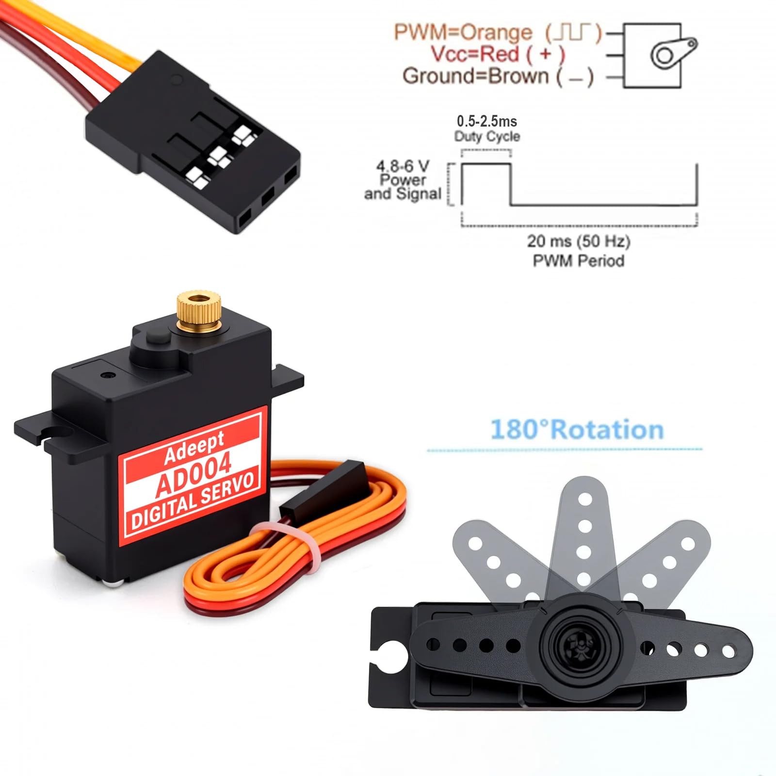 Adeept AD004 17G Micro Servomoteur Numérique, Couple de 4,8 kg.cm, Engrenages tout en métal avec bras servo 25T pour RC Crawler Voiture Mise à niveau Servo Pièces Modèle Bateau Avion Drones Robo
