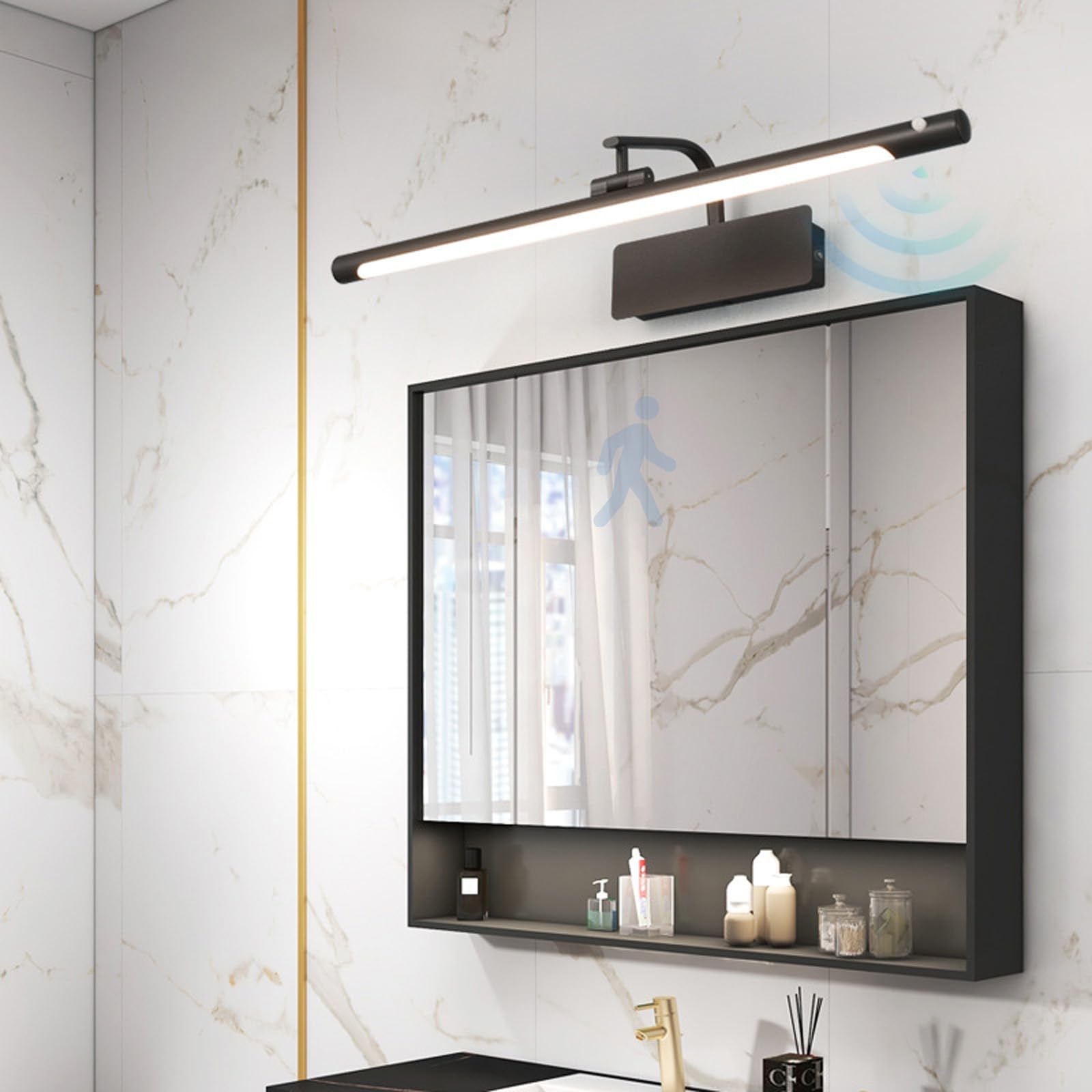 LED Spiegelleuchte Wandlampe mit Bewegungsmelder Wandbeleuchtung mit Schalter Wandleuchte Indoor Drehbarem Wandleuchten für Schlafzimmer Wohnzimmer Arbeitszimmer (Schwarze-Neutrales Licht,40cm)