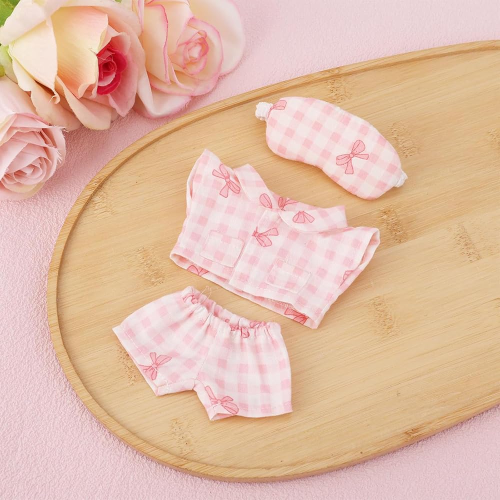 Set pigiama per bambole con fiocco rosa e maschera per gli occhi, in morbido peluche, adatto per bambole Labubu da 17 cm