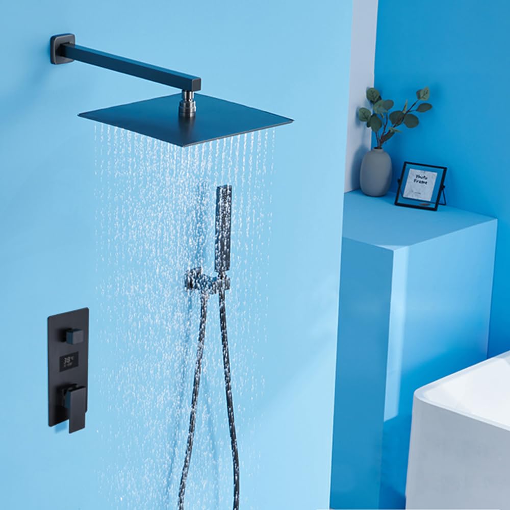 Duschsystem Schwarz Unterputz Duscharmatur Set inkl.30X30cm Kopfbrause, Duschsystem mit Temperatur LCD Display, Regendusche Schwarz, 200mm Handbrause, Messingkörper, 1.5m Brauseschlauch, 37cm Hoche