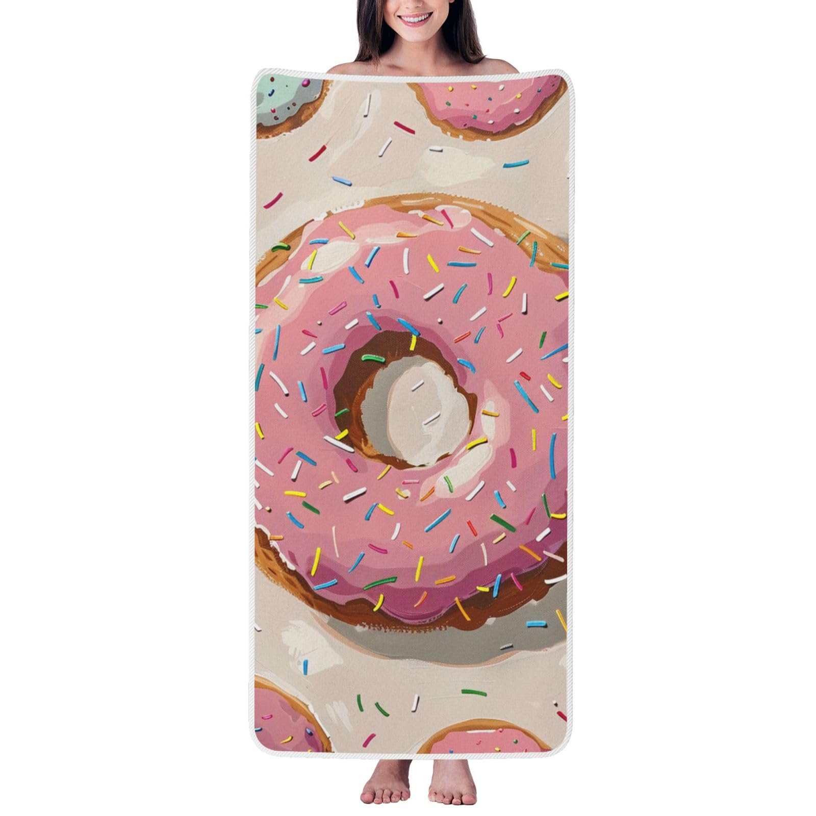 WPKJU Donuts Printed Bath Towel with White Edging - 27x55 in Soft Extra Absorbent Coral Velvet Shower Towels for Bathroom