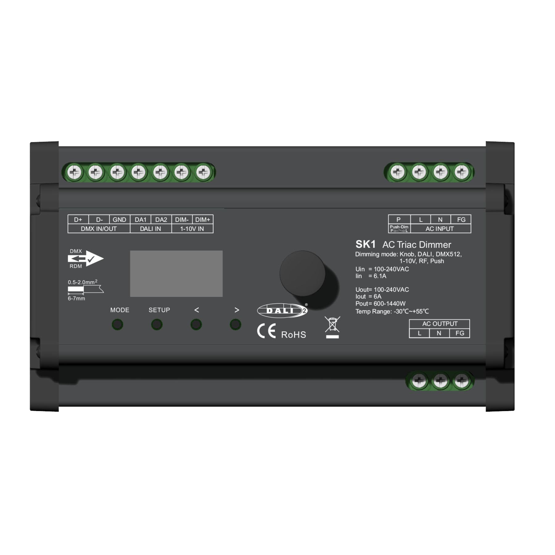 AC Triac ściemniacz DALI-2 DMX512 1-10 V RF przycisk (5 w 1), 6A 220 V 110 V, do ściemnianych lamp LED, cięcia fazowego, sterownika triaku, halogenu i świecenia, Max 1440W, RDM, szyna DIN, SK1