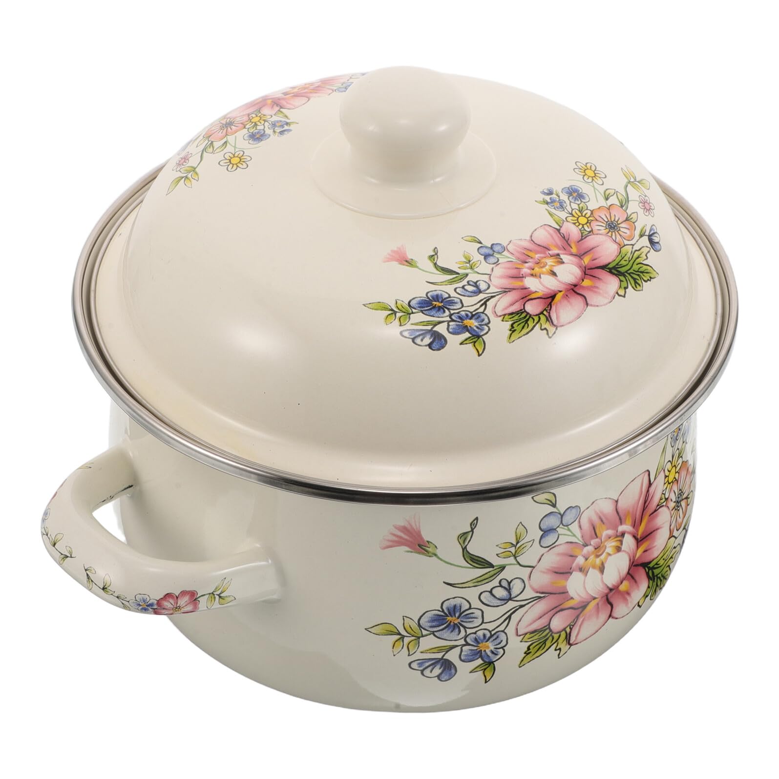 ULTECHNOVO Olla de Sopa Esmaltada Retro con Flor de Olla Pequeña para Caldo Apta para Cocina Eléctrica Gas con Tapa para Cocinar Fuego Lento