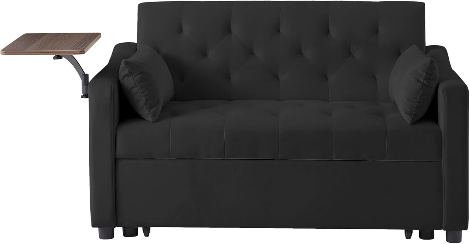 Eafurn 53.15" Convertible Sleeper Sofa Pull Out Couch Bed - 3 in 1 Futon Loveseat Chaise Lounge for Living Room with Side Table | Adjustable Backrest | Pullout Sofabed | Velvet Fabric | Button Tufted