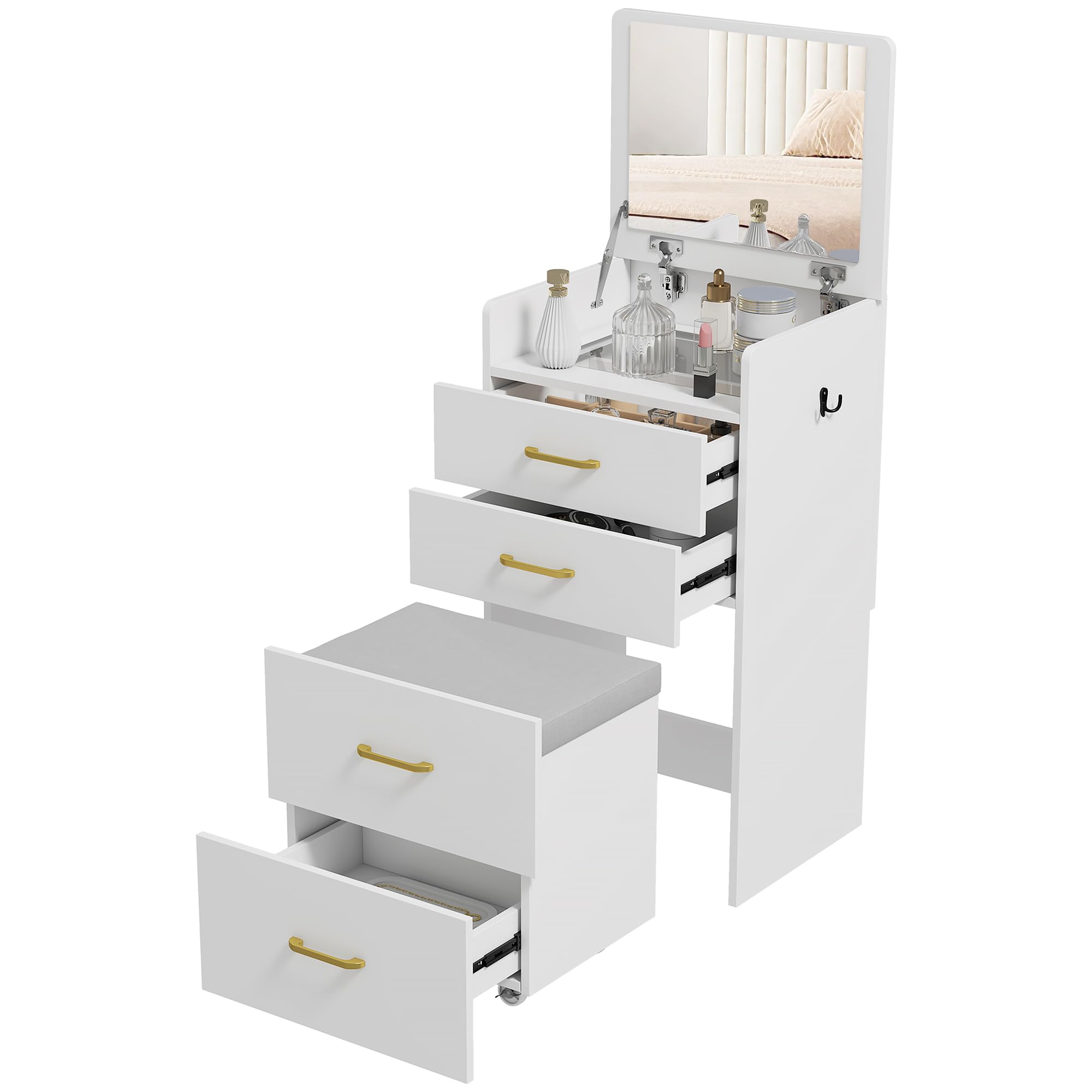 HOMCOM Coiffeuse avec Miroir et Tabouret 3 en 1 48 x 40 x 90 cm Blanc | Table de Maquillage, Plateau en Verre Visible, 3 Tiroirs, Coussin Rembourré, Roulettes, Bureau Coiffeuse
