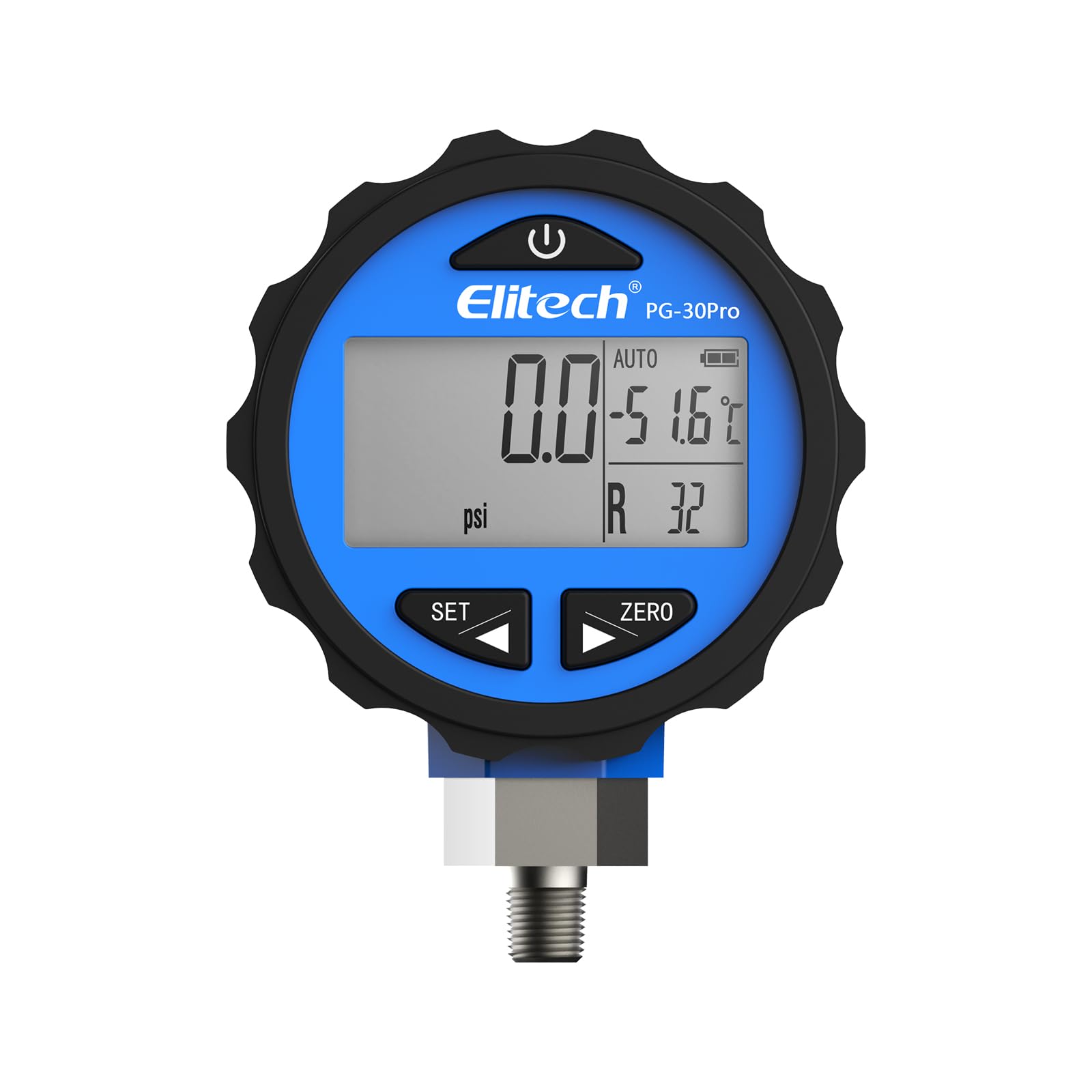 Elitech Medidor de Presión para Refrigerantes con Retroiluminación -14.5~500 Psi -0.1~3.4 MPa, 87+ Refrigerantes, 1/8 NPT Manifold-Gauge PG-30Pro Azul