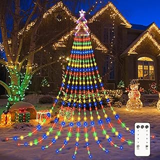 Christmas Lights Outdoor, RJEDL 420 LED 3.8m x 10 Strand Christmas Tree Lights with 19in Topper Star, 8 Modes Remote Timer Christmas Waterfall Lights for Xmas Tree Garden Indoor Decoration(Multicolor)