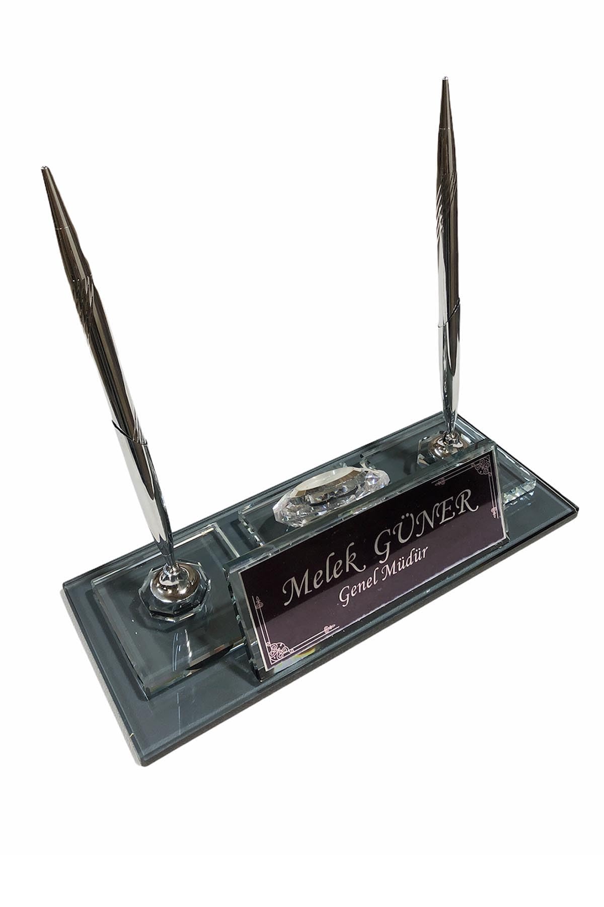 Moogco Silver Custom Desk Name Plate: Black Glass Desk Name Plate With Clock, Pen Holder With 2 Pens, Cardholder - Desktop Nameplate, Desk Organizer (Black Double With Clock)