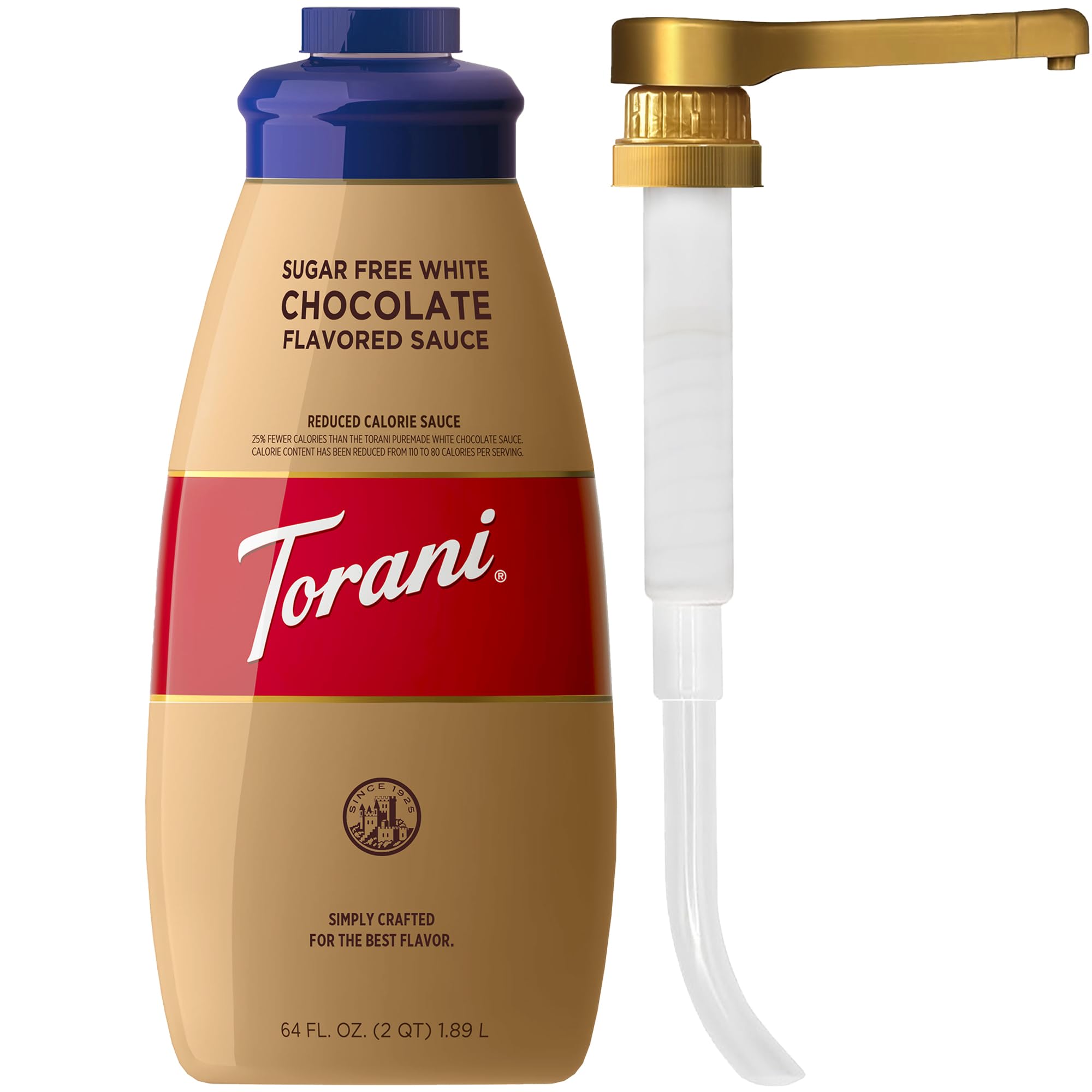 ToraniSugar Free White Chocolate Sauce for Crafting Coffeehouse Drinks, Large Squeeze Bottle with Pump, 64 Fl Oz