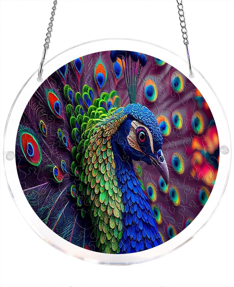 Peacock with Vibrant Feathers and Eye Patterns Animal Acrylic Jigsaw Puzzles Suncatcher, 8.2 Inch Window Hanging Suncatcher Acrylic Puzzle, DIY Home Decor Art Gift