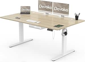 Bureau Électrique Réglable En Hauteur Devoko 140x70 Cm - Mémoire 2 Positions, Charge 70 Kg, Plateau MDF Érable - Avec Passe-câbles Et Crochet