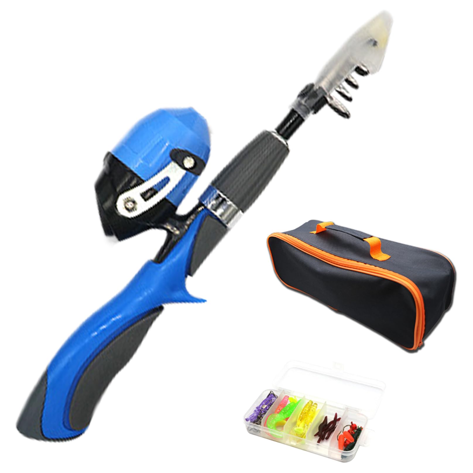 4pcs / Set Kids Fishing Set Portable Télescopique Terne à pêche à 6 Sections Pabillons de pêche débutant avec Bobine de pêche, Sac Portable, boîte de tacle (Bleu), Canne à pêche télescopique et bobin