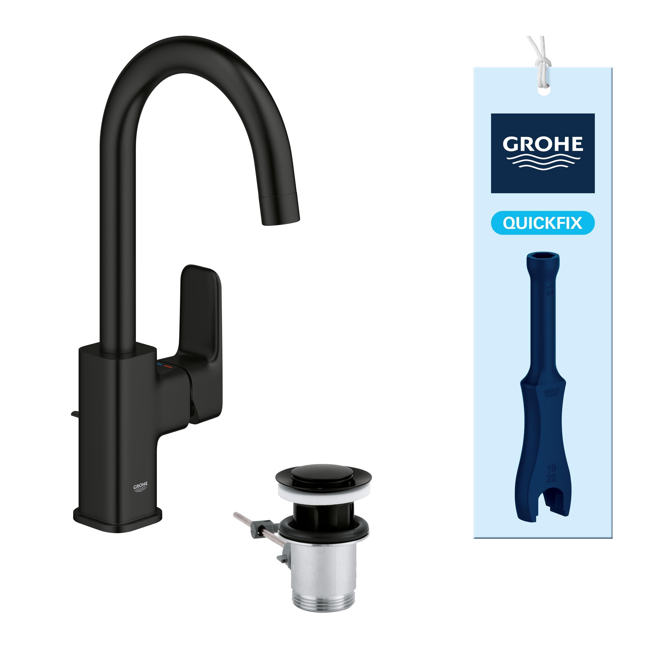 GROHE Dice, Waschtischarmatur hoch, wassersparend (Wasserhahn für das Bad, Badarmatur mit Zugstangen-Ablauf, 31cm hoch, mit 3in1 Werkzeug, einfache Installation), mattschwarz, 1018712430