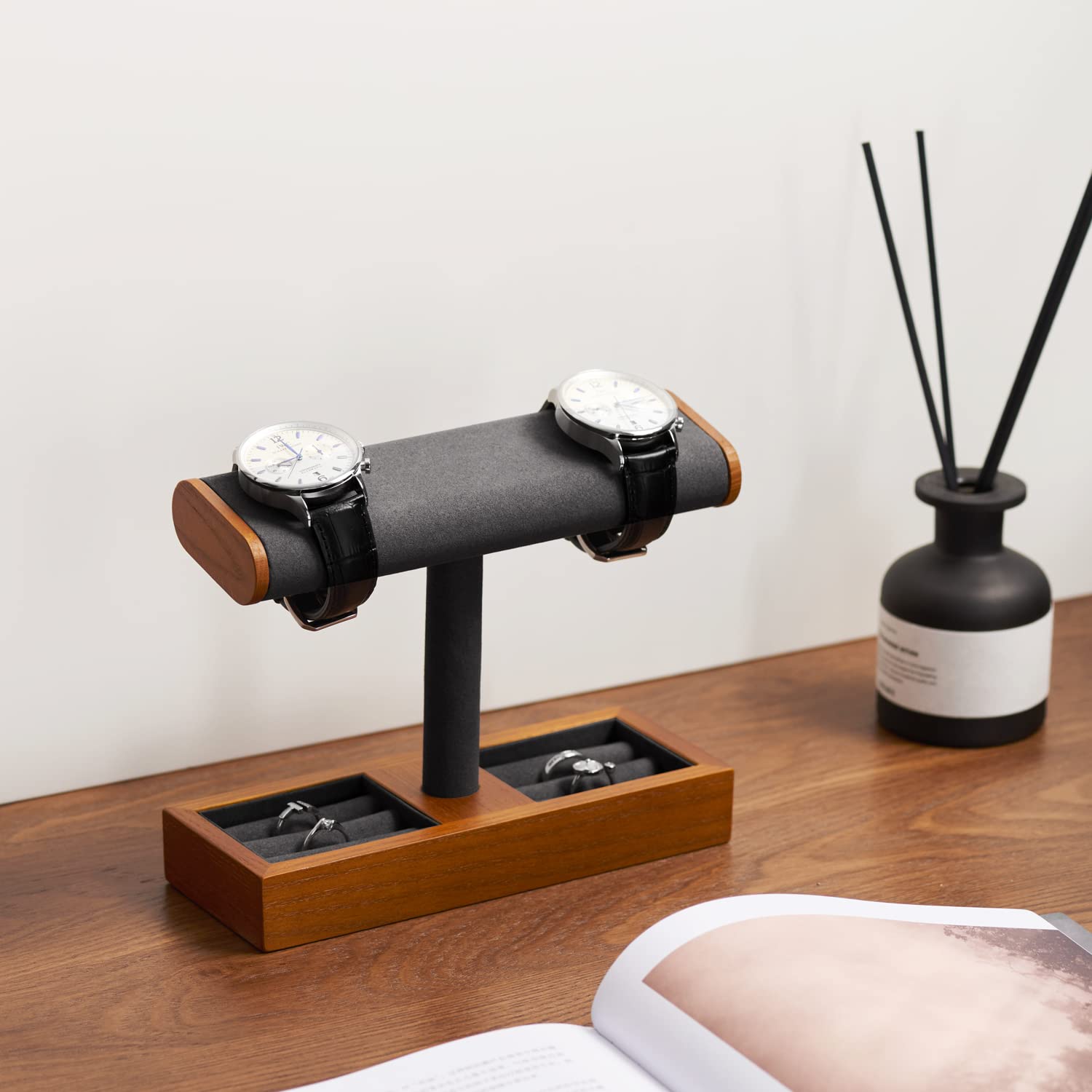 Oirlv Multifonctionnel Bois Massif Support Montre,Porte Montre,Watch Stand Pour Organisateur de Bijoux Bague(Gris Foncé)