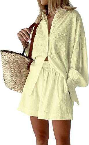 Fixmatti 2 Piece Outfits Long Sleeve Button Down Shirt and Shorts Sweatsuit Lounge Sets