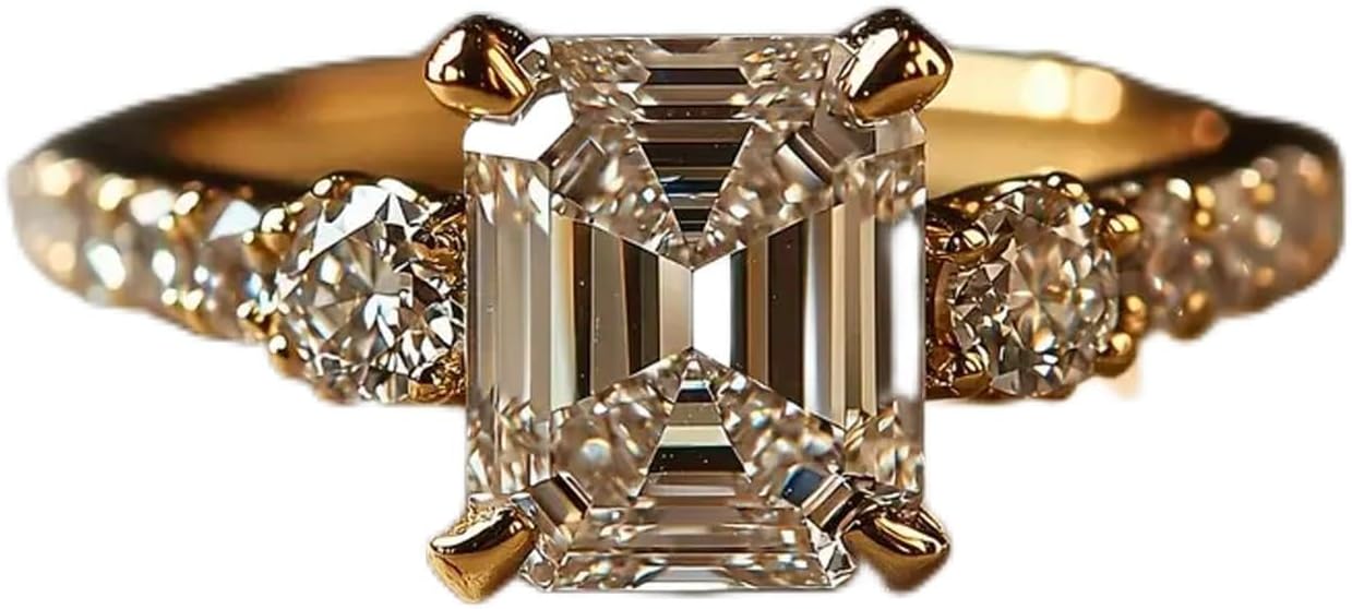 CZ 925 Sterling Silver Gold Plated Engagement Ring for Women,Radiant Cut Cubic Zirconia Minimalist Band Rings Jewelry Gifts for Her,Dainty Simple Promise Ladies' Ring for Wedding Daily Size:6-10
