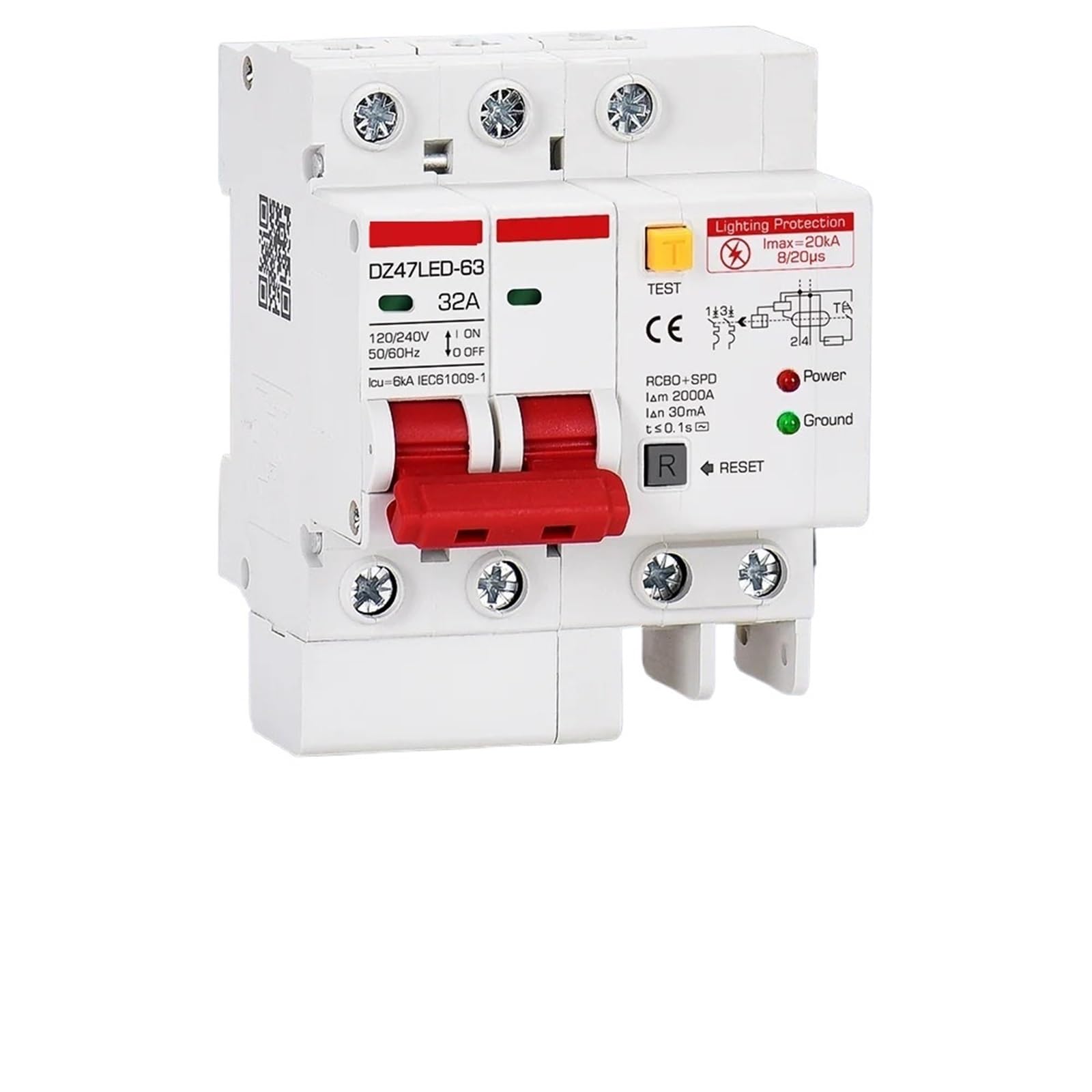 RCBO Disjoncteur à courant résiduel RCD AC court circuit et fuite 63A