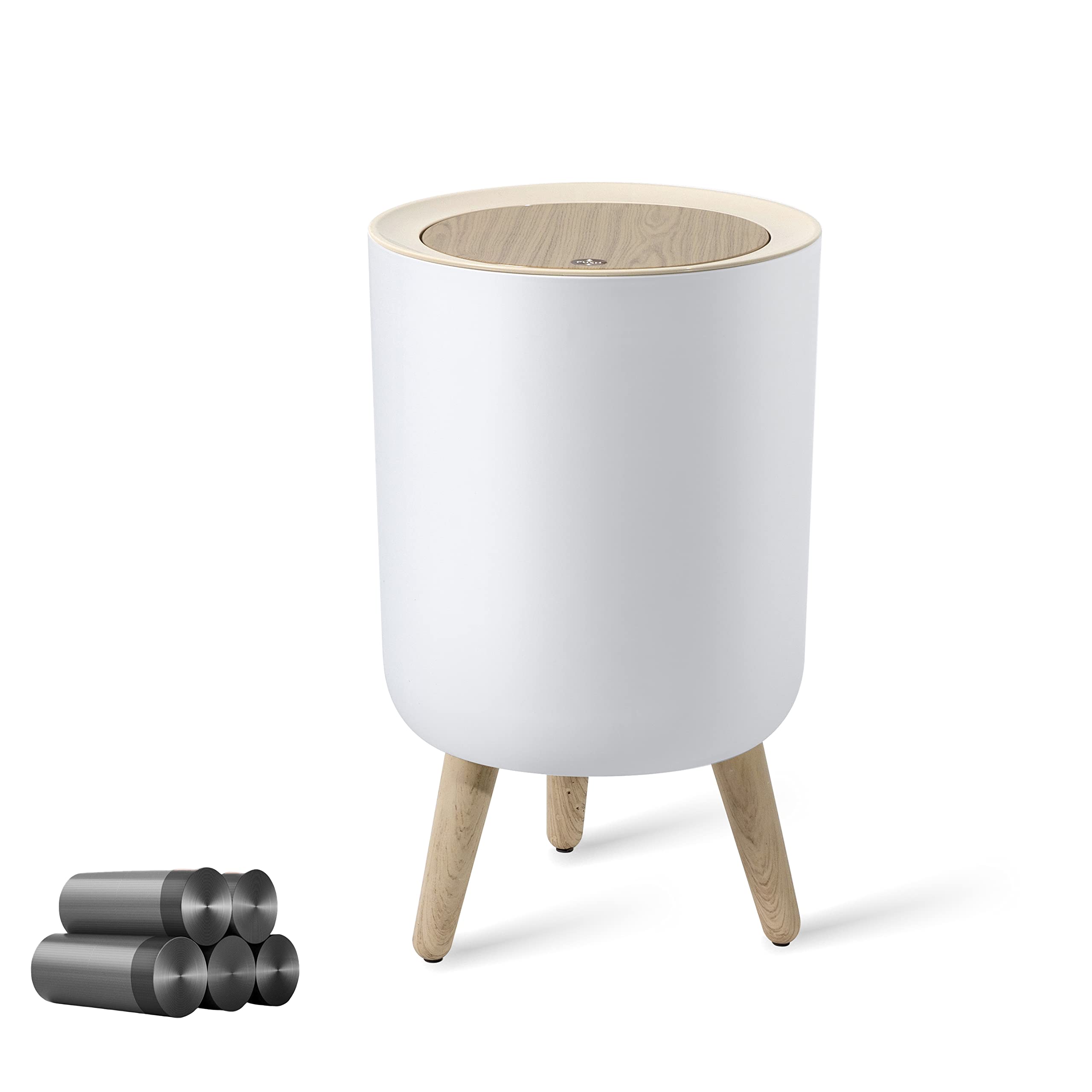 Bathroom Trash Can with Lid,1.8 Gallon Modern Office Trash Can Boho Bedroom Garbage Can Waste Basket with Push Top,Nordic Small Trash Bin for Living Room, Toilet, Nursery,Dog Proof Trash Can, White