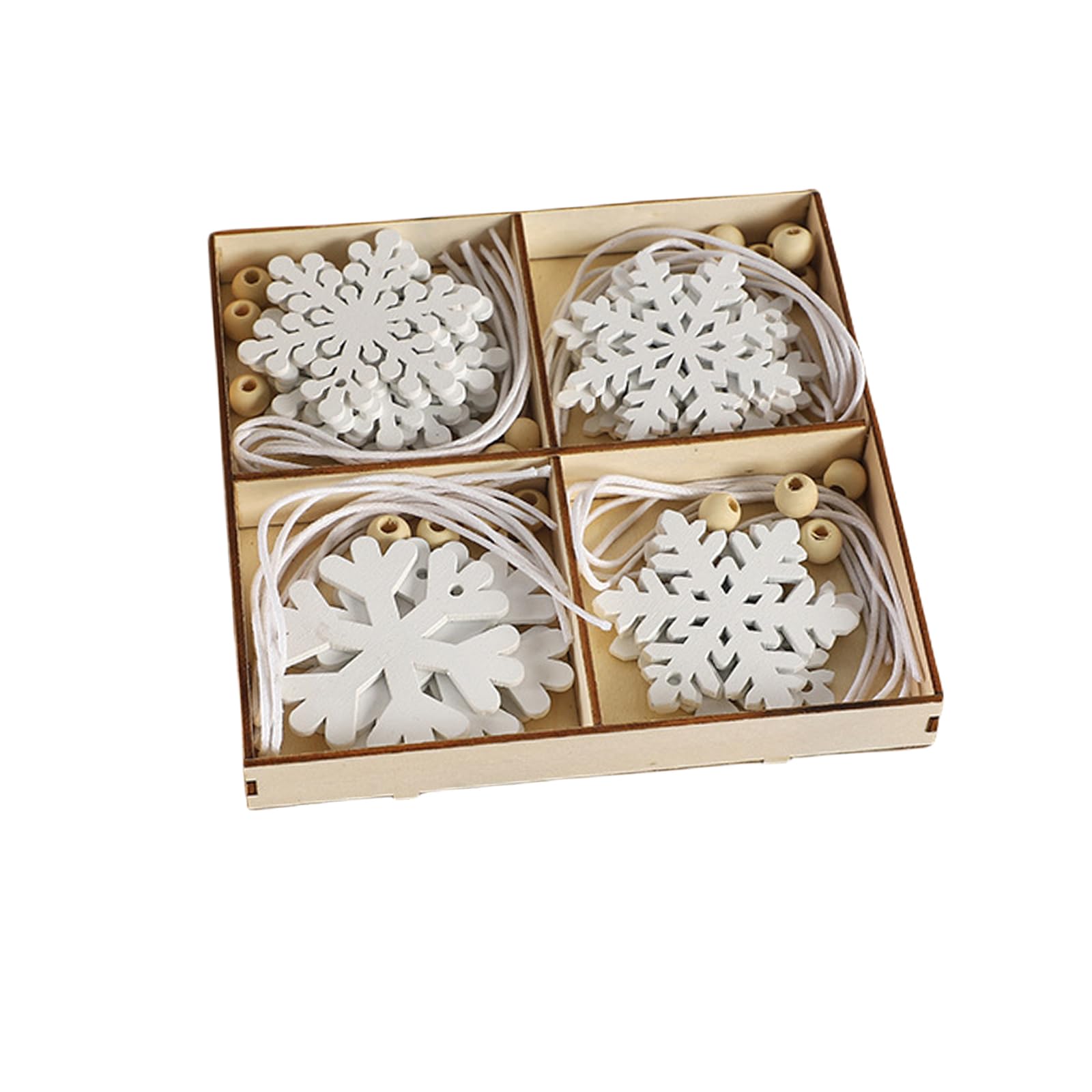 Kabwea 24 adornos de copos de nieve blancos, adornos para árbol de Navidad, decoración navideña, decoración de madera, adornos navideños (4 diseños)
