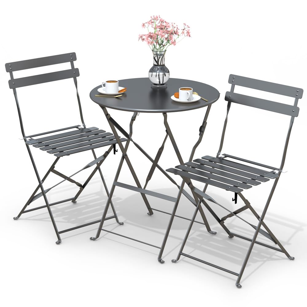 VOUNOT® Set da Giardino Pieghevole da 3 Pezzi, Tavolo Bistrot con 2 Sedie, Acciaio, Grigio