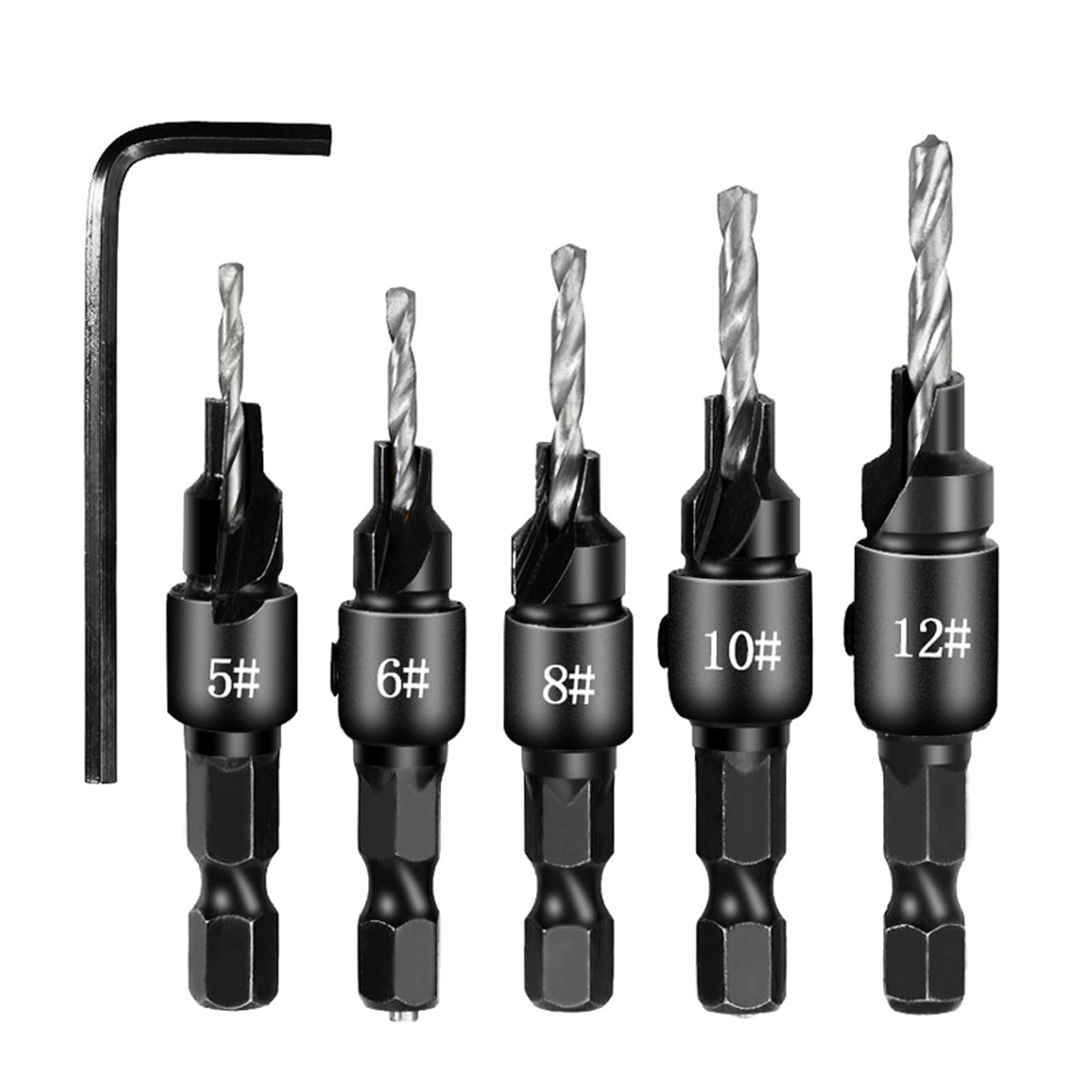 SOCOJE 5PCS Countersink Drill Bits Set for Woodworking +1PC Wrench, 1/4" Hex Shank Adjustable Countersink Set Wood Tools Carpentry Woodworking Drill Bit Pilot Holes-5/6/8/10/12#