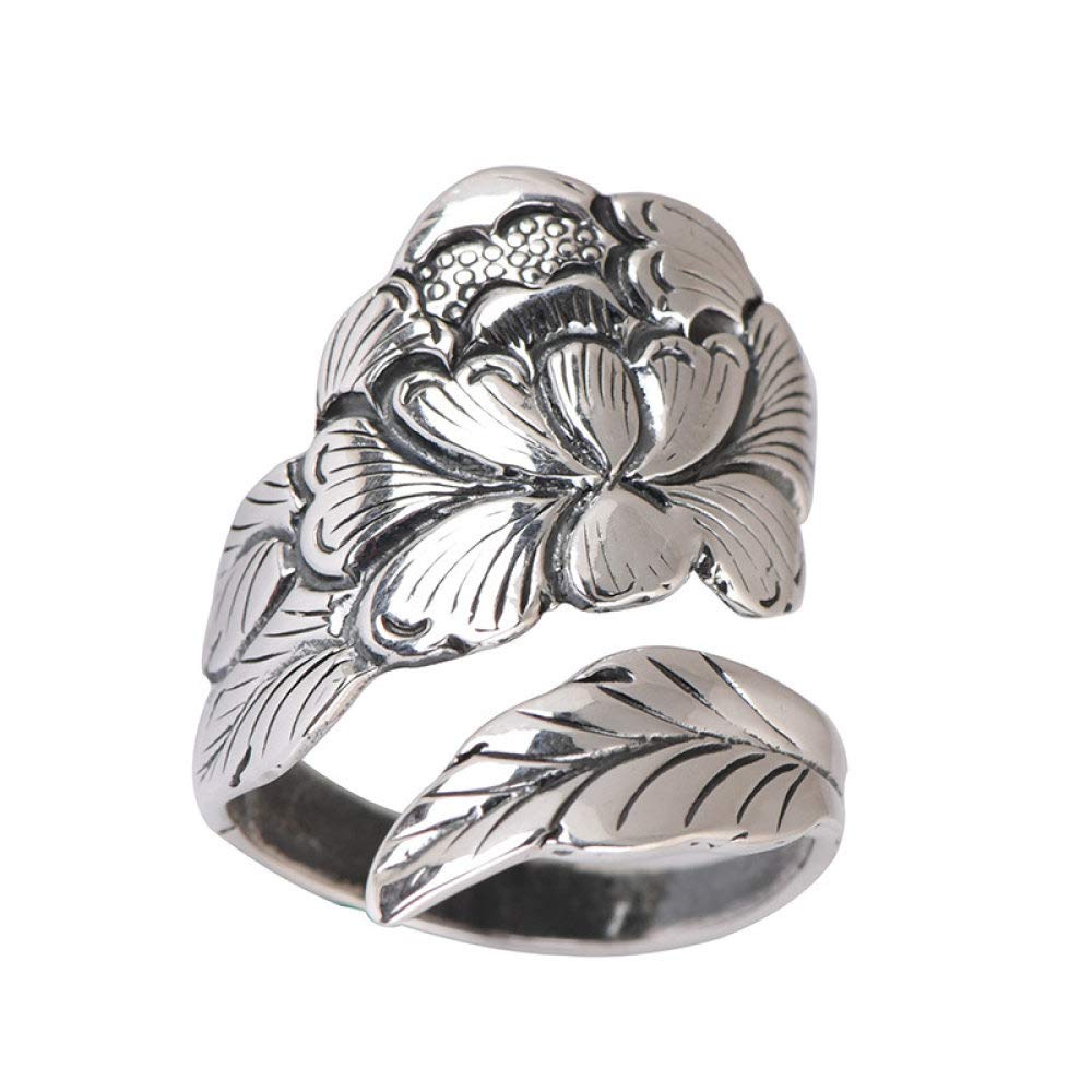HGJH Anelli d'Argento,Anello Regolabile per Donna retrò Invecchiato Moda Peonia Fiore Incisione Anello per Dito Indice Eternità FEDI Nuziali Anelli di Promessa per Ragazze Signore