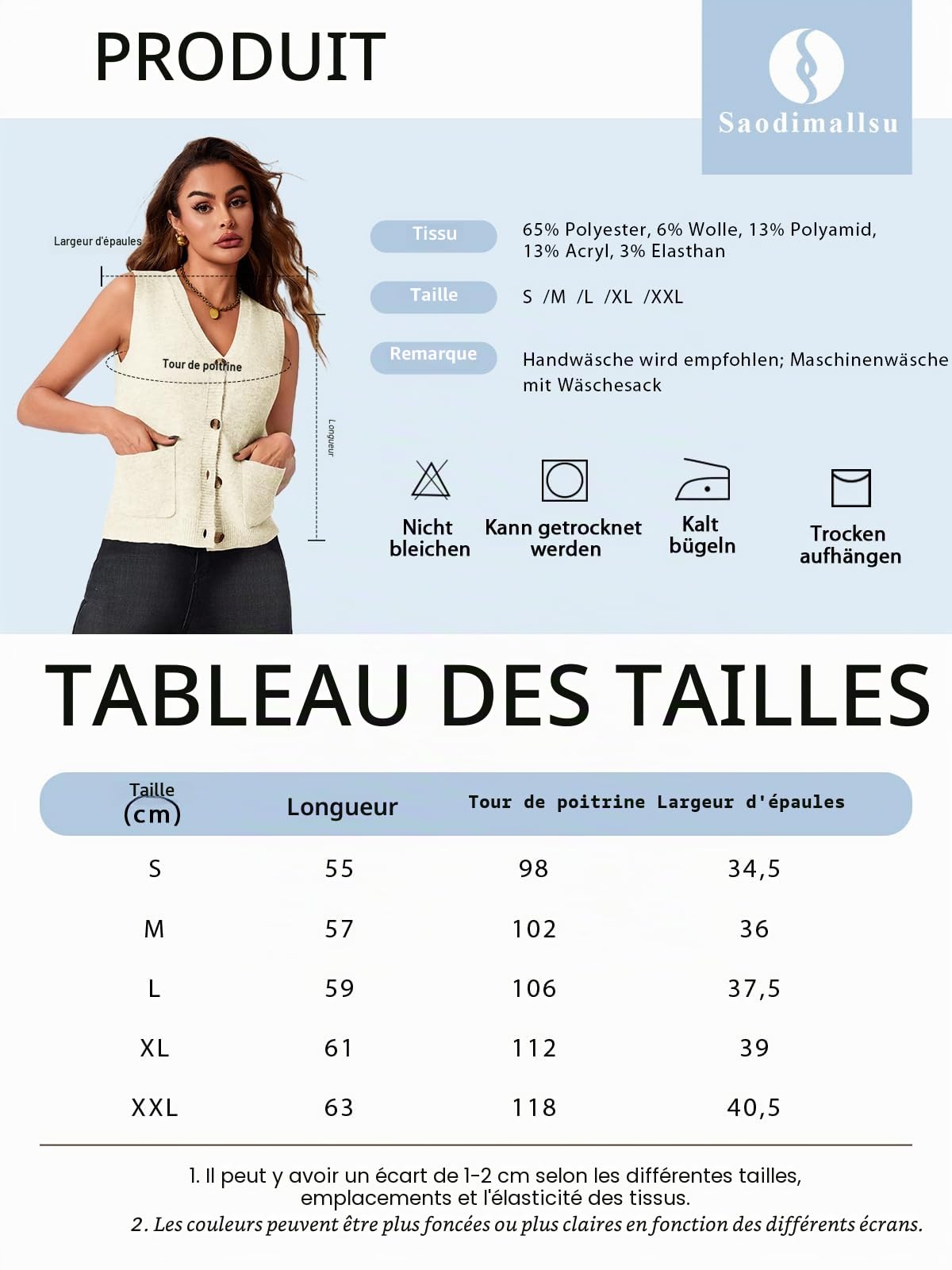Saodimallsu Pull sans manches pour femme - Coupe ample - Gilet en tricot - Bouton en V - Tricot tendance et décontracté - Avec poches