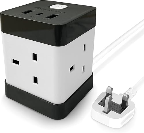 Desiretech Extension Lead Cube For Multiple Devices with 2 USB, 1 USBC & 4 AC Outlets, Surge Protection, 1.5m Wire Cord - Compact & Portable Power Strip, Optimal Charging for Home, Office and Travel