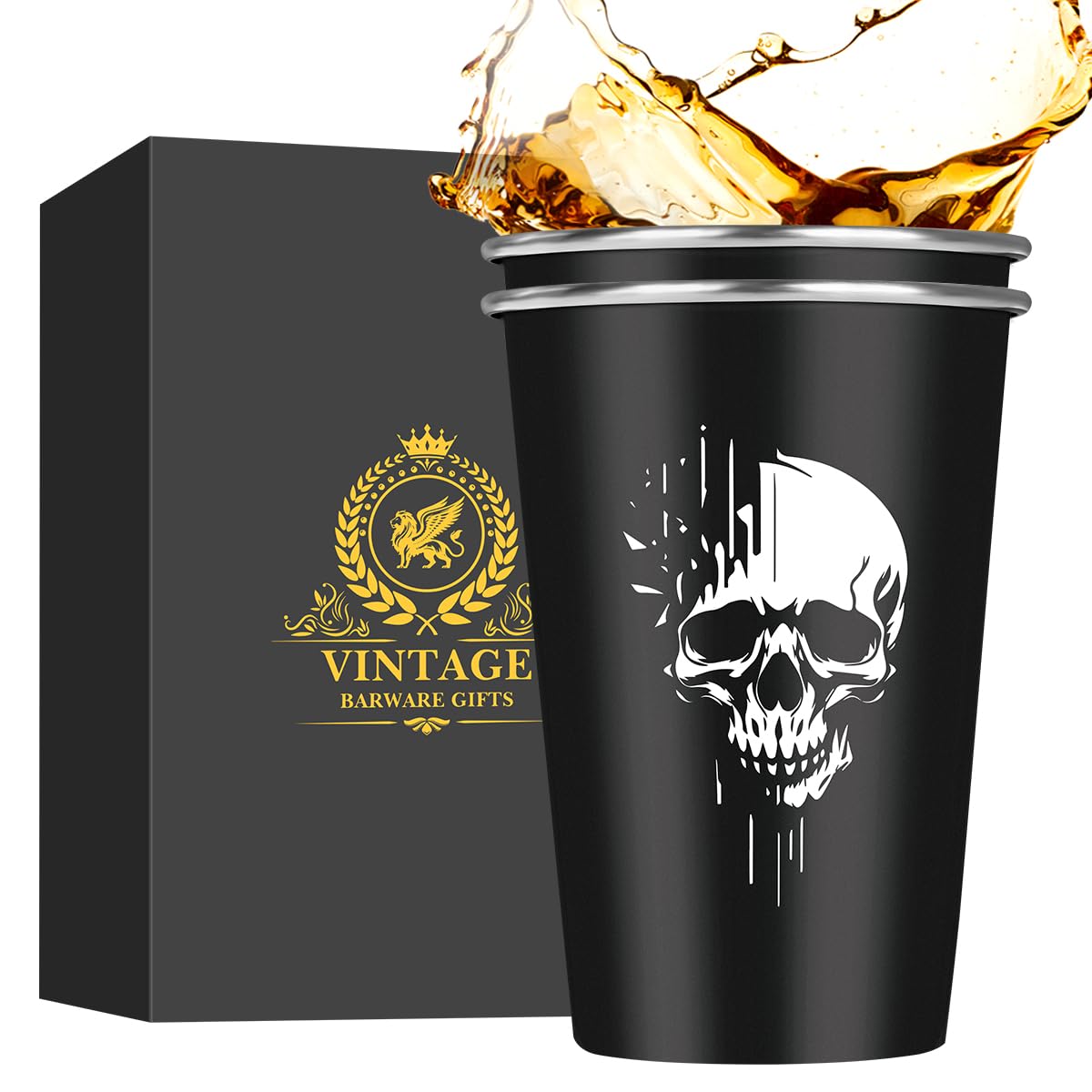 MR.BARWARE Skull Stainless Steel Beer Cups, Skull Gifts for Goth Fan, Stackable Camping Mugs for Outdoor Indoor Activity, Father's Day Halloween Christmas Gifts for Men Women, 500ML(2 Pack)