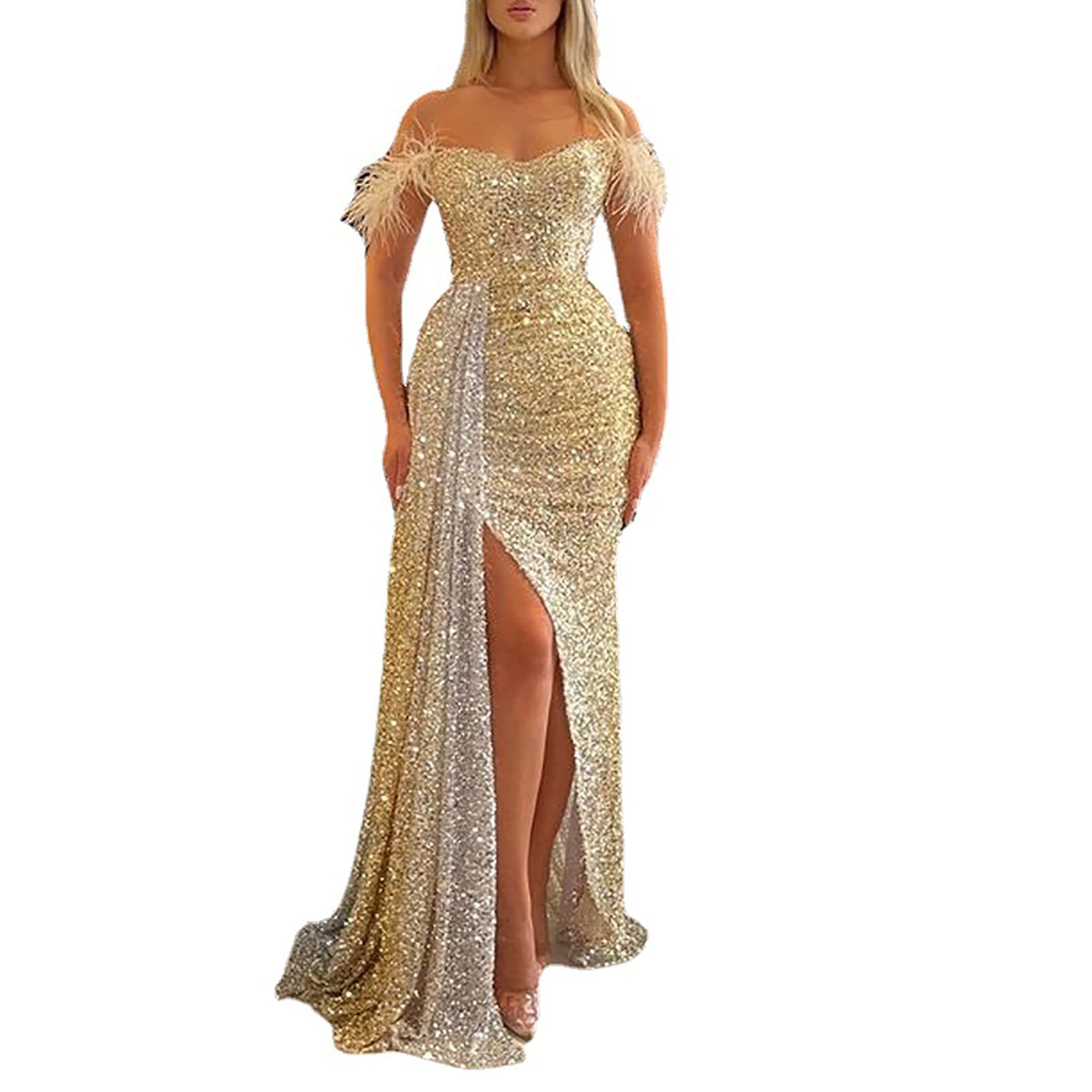 CUTTE Brautjungfernkleid mit Pailletten, Festkleider V-Ausschnitt Slim Fit Schlitz Maxikleid Rückenausschnitt Ärmellos Schulterfrei Abendkleider