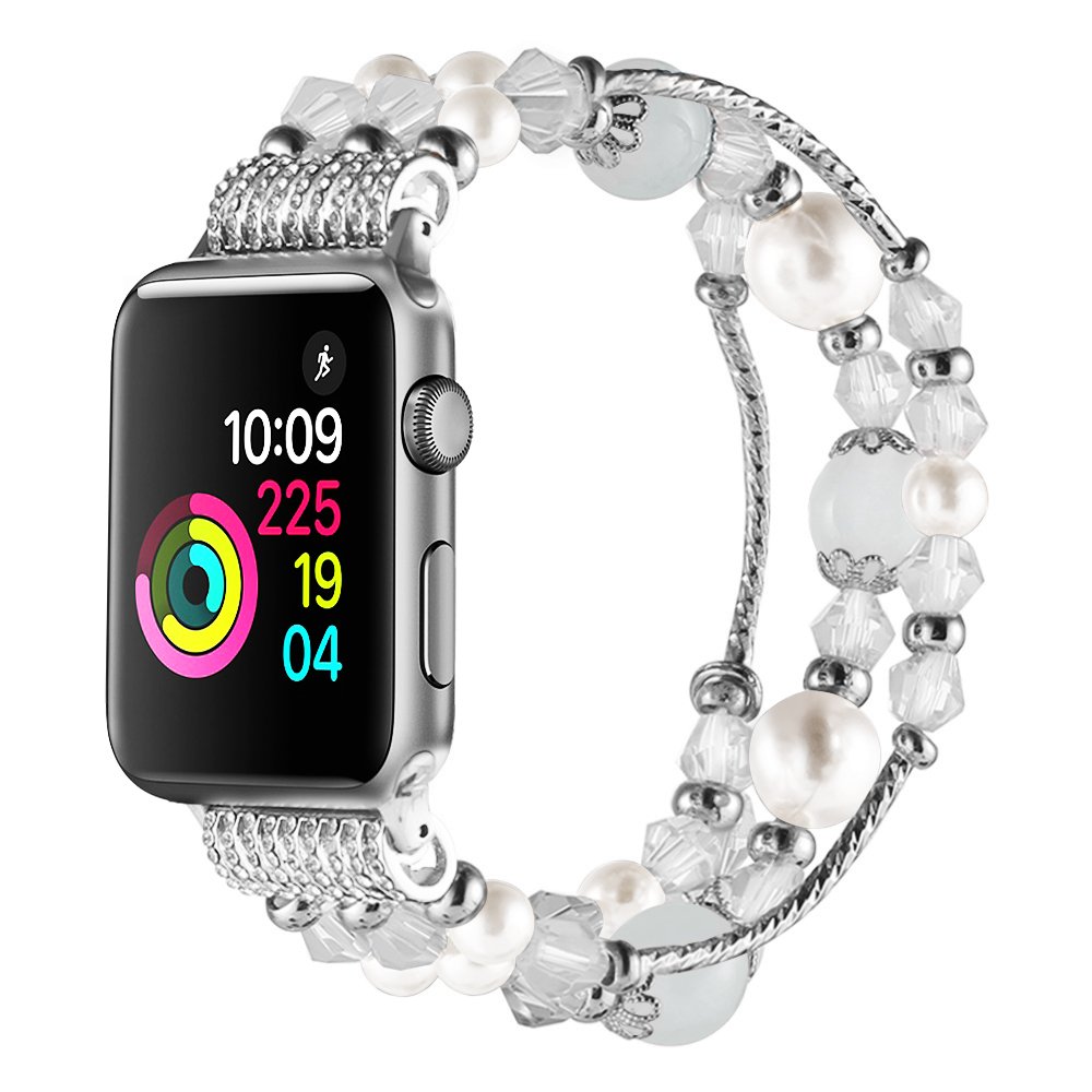 Simpeak Beaded Band Compatible with Apple Watch 45mm 44mm 42mm, Handmade Beaded Elastic Women Bracelet Replacement for iWatch Series 9 8 7 6 SE 5 4 3 2 1, White, Fixed Size 5.7-6.9