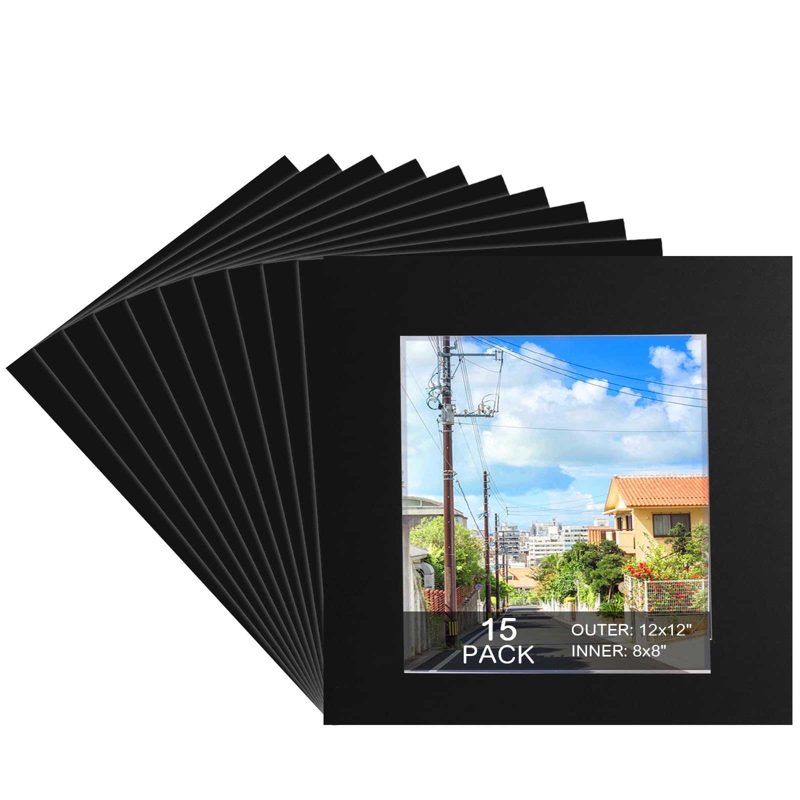 View 1 of 15 Pack 12x12 Black Picture Mats, Frame Mattes for 8x8 Pictures Display Photo Frame Mat Core Bevel Cut Mat Board Show Kit for Photos, Prints, Artworks