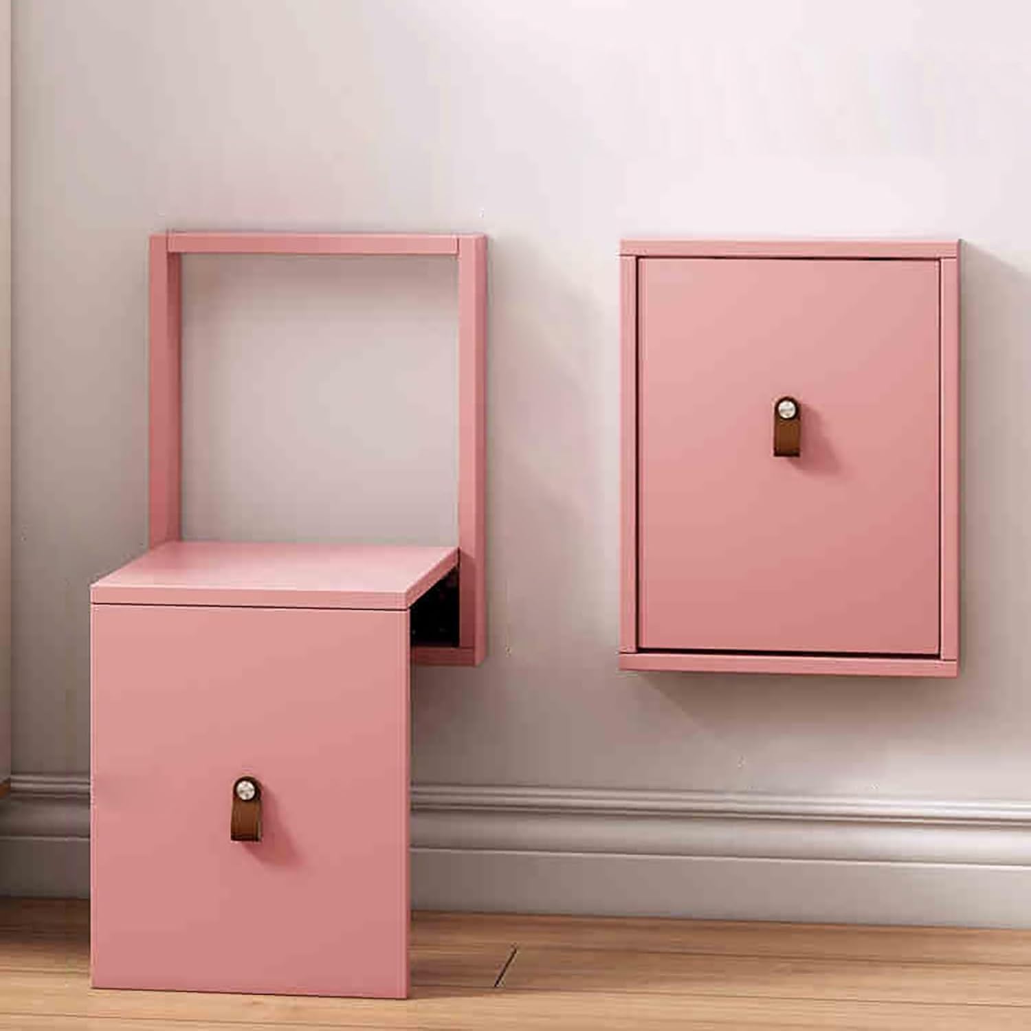 Space-Saving Wall-Mounted Folding Shoe Changing Stool - Solid Wood Seat for Entryway, Bathroom, Or Bedroom - Stylish & Convenient (White) Pink