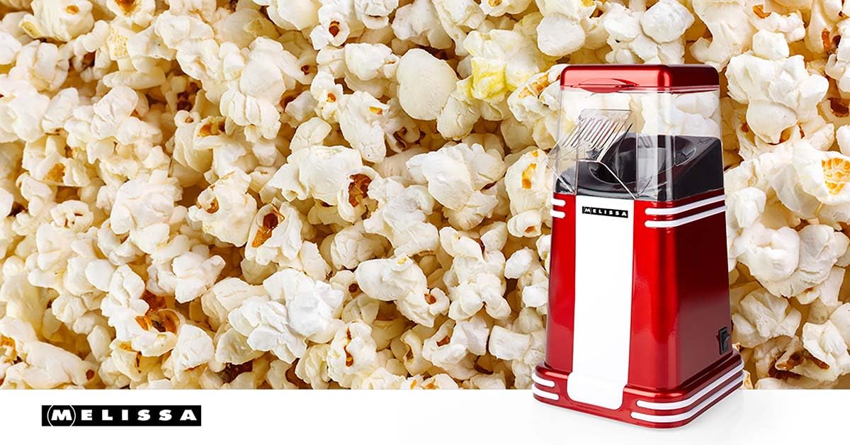 Melissa Máquina de palomitas de maíz retro 16310187, 1200 W, 40-60 g por porción, lista en 2-4 minutos, sin aceite ni mantequilla, fácil de limpiar, diseño compacto, rojo/blanco