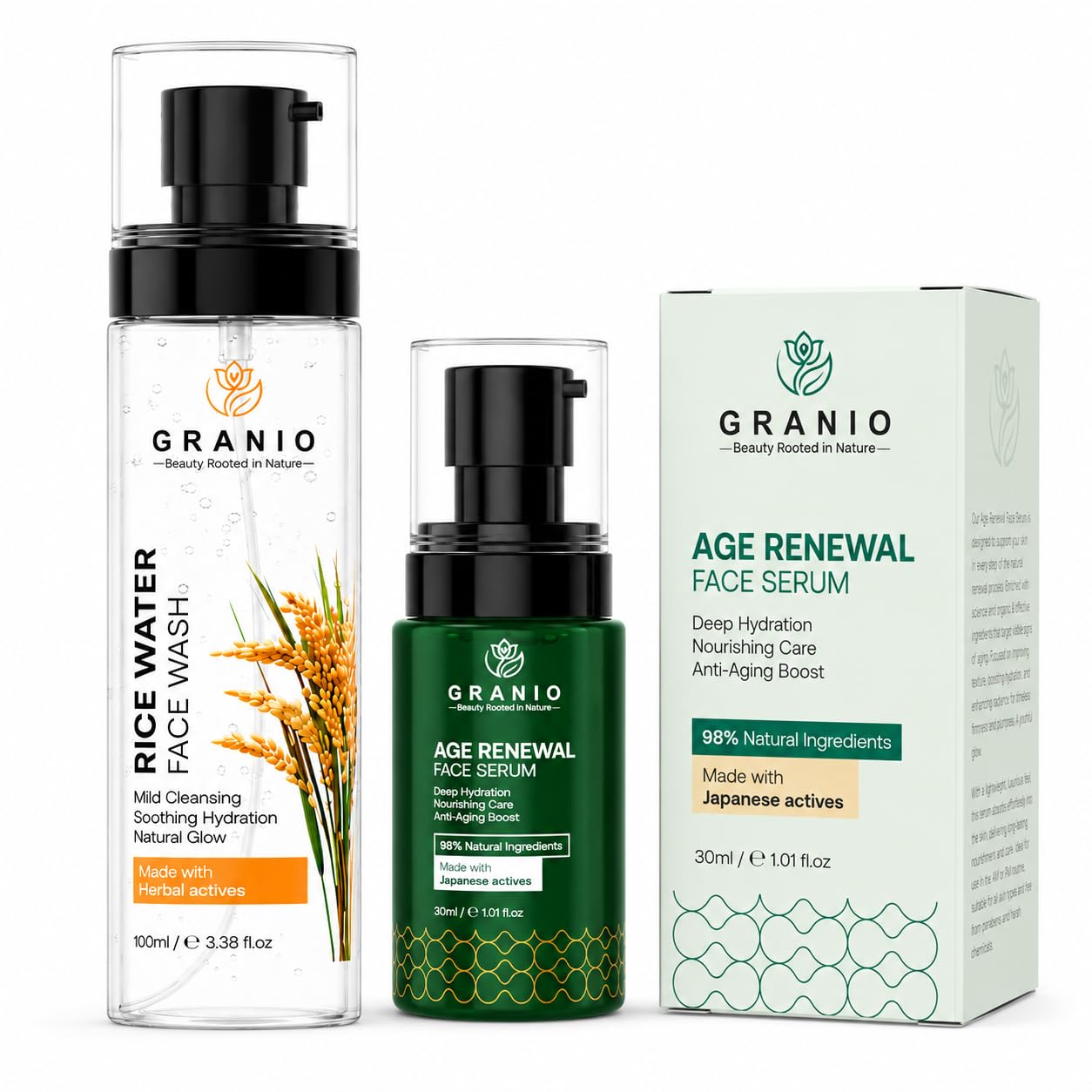 Japanese Actives Skincare Combo | Age Renewal Face Serum 30ml + Rice Water Face Wash 100ml | Anti-Aging, Deep Hydration, Brightening & Natural Glow | Skin Firming Care for All Skin Types-image-47