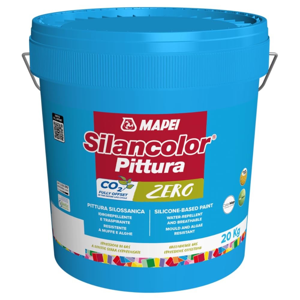 MAPEI Silancolor Pittura Zero Silossanica, Idrorepellente, Traspirante, Resistente a Muffe e Alghe, per Facciate Esterne e Pareti Interne, Bianco, 20 kg