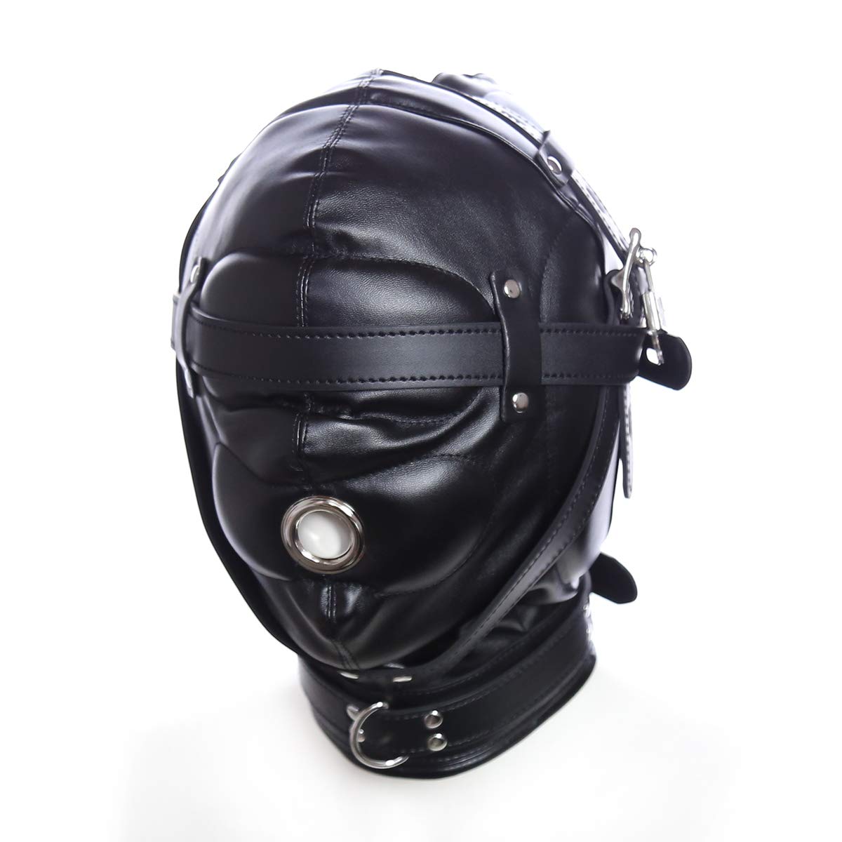 Noir Masque de tête unisexe Bondage Fétiche SM Cuir avec ouverture de bouche Cuir Tous les masques inclus Jouets sexuels Bandeau pour les yeux avec serrure pour les couples Cosplay Réglable Fétiche